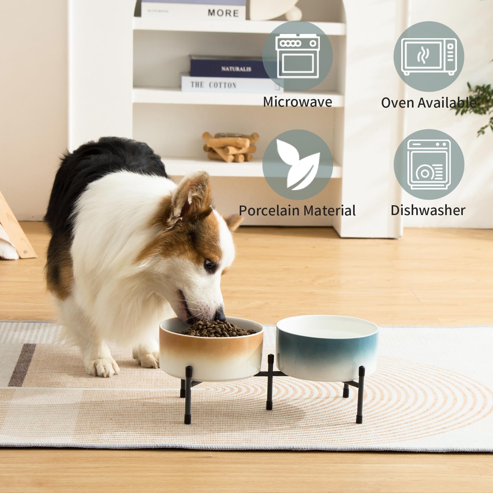Lot de 2 gamelles en céramique pour chien et chat avec support en métal surélevé, gamelle en céramique de 15,2 cm pour nourriture et eau, gamelles pour chats et chiens, bleu et marron