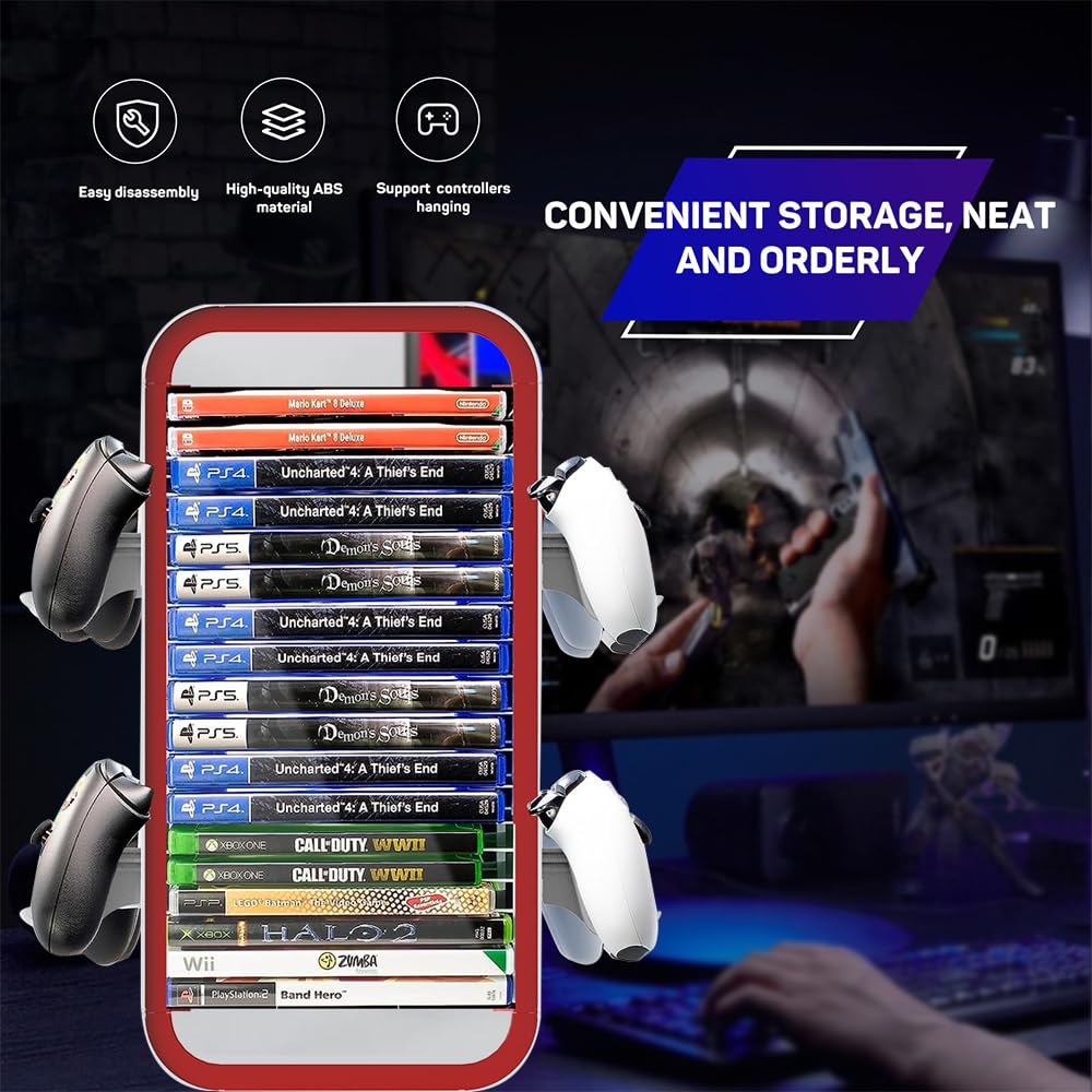 Torre di Stoccaggio per Giochi Compatibile con PS5/ Xbox Serie S e X/Switch, Universale Stoccaggio dei CD del Gioco Supporto Contiene 18 Giochi, con 4 Supporti per Controller