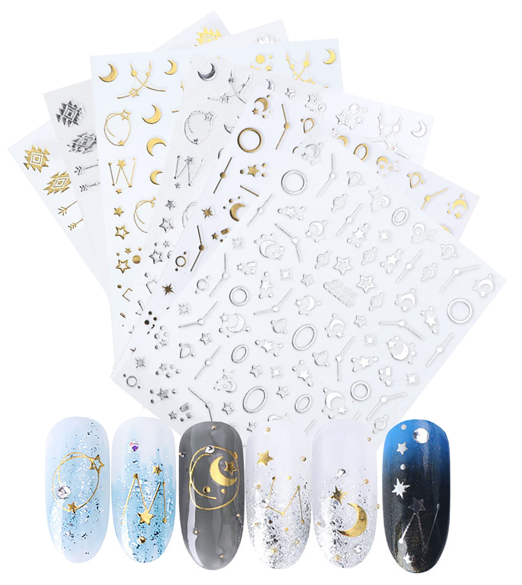 XJL 6 Sheets 3D Gold Silver Stars Moon Nail Art Stickers, Cool Star Moon Arrow Smiley Self Adhesive Design Nail Decals For Acrylic Nails, Fashion DIY Nail Supplies Nail Decoration Kits Manicure Tips