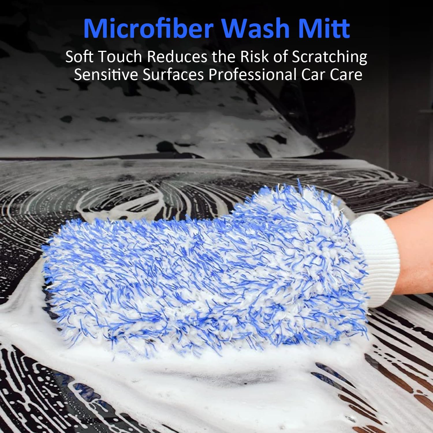 Microfiber Car Wash Mitt, Car Sponge Wrapped in Soft, Plush Fiber Cloth Material, Holds Tons of Sudsy Water for Effective Washing, Lint Free, Scratch Free, for Cars, Motorcycles (Blue 2 pack)