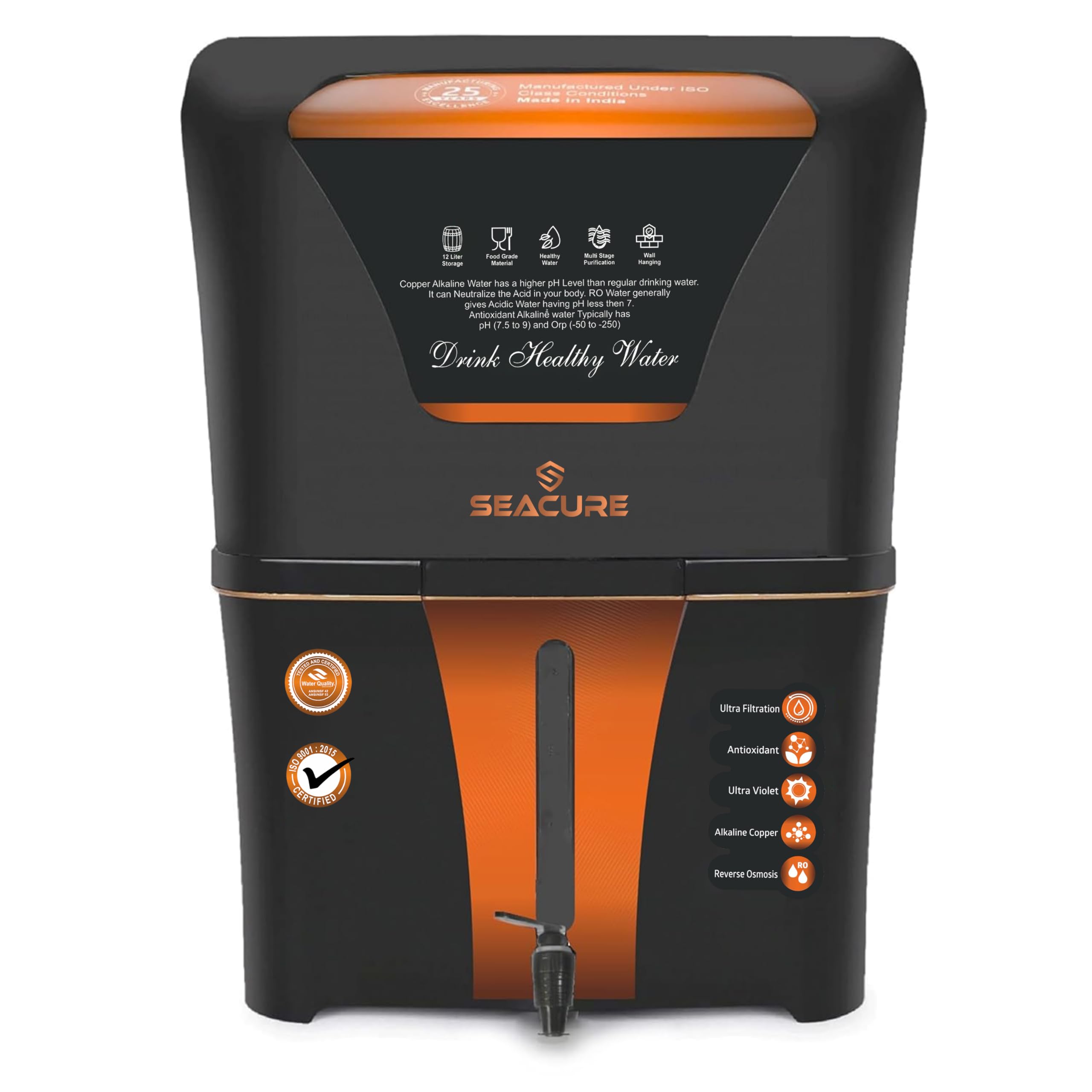 SEACURE RO Water Purifier | RO+UV+UF+TDS Adjuster+Mineral ions| 10 Stage | 15 LPH | Up to 60% Saving | Suitable for Borewell, Tanker & Municipal Supply | Table Top | Wall Mountable | 12 Liter Storage