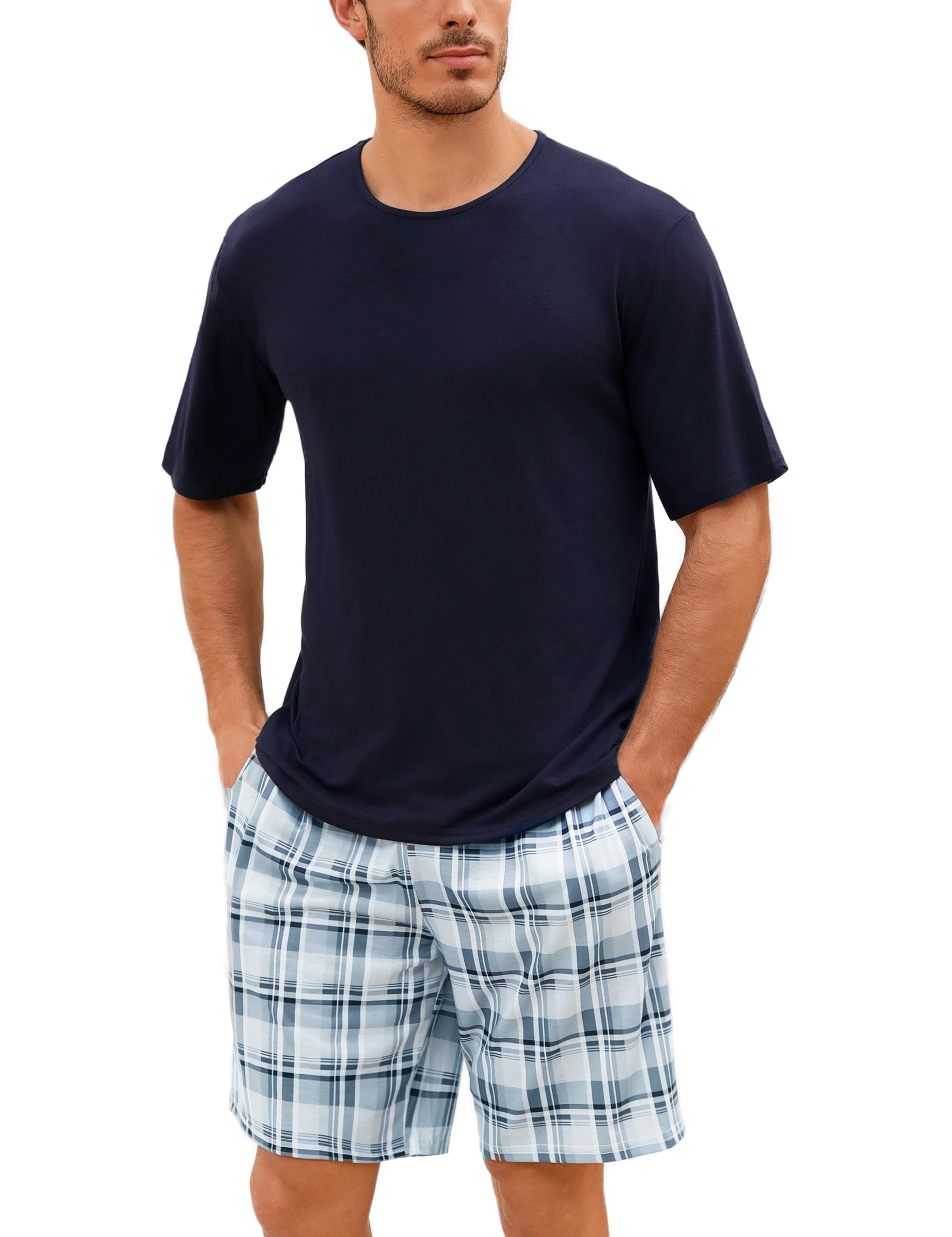 Uniexcosm Schlafanzug Herren Baumwolle Kurz Zweiteiliger Pyjama Set Nachtwäsche Kurzarm Oberteil und Karierte Schlafanzughose Hausanzug Sleepwear