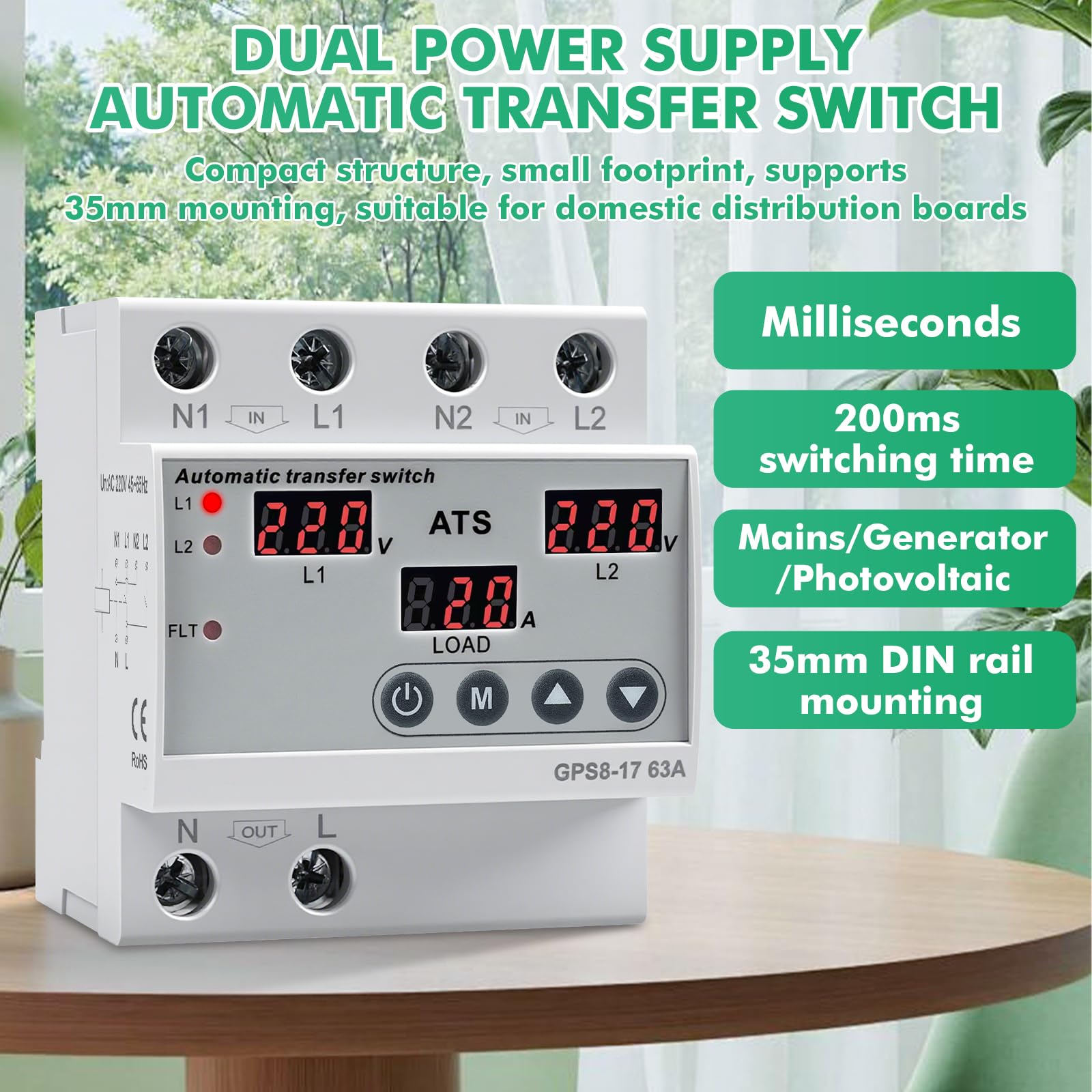 Notstrom Umschalter 63A Einphasig AC220V DIN Rail LED-Display Überspannung Unterspannungsschutz GPS8-17