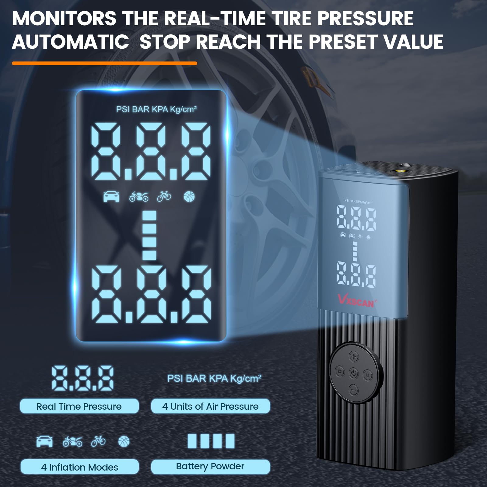 Amooca Cordless Tire Inflator - 150 PSI Portable Air Compressor With 20000mAh Battery & Emergency Light - View #2