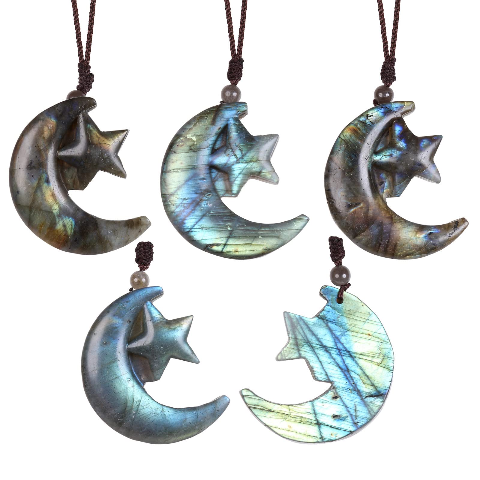 Nupuyai Star & Moon Labradorite Crystal Stone Necklace for Women Men Natural Carved Stone Pendant with Adjustable Rope - Image 3