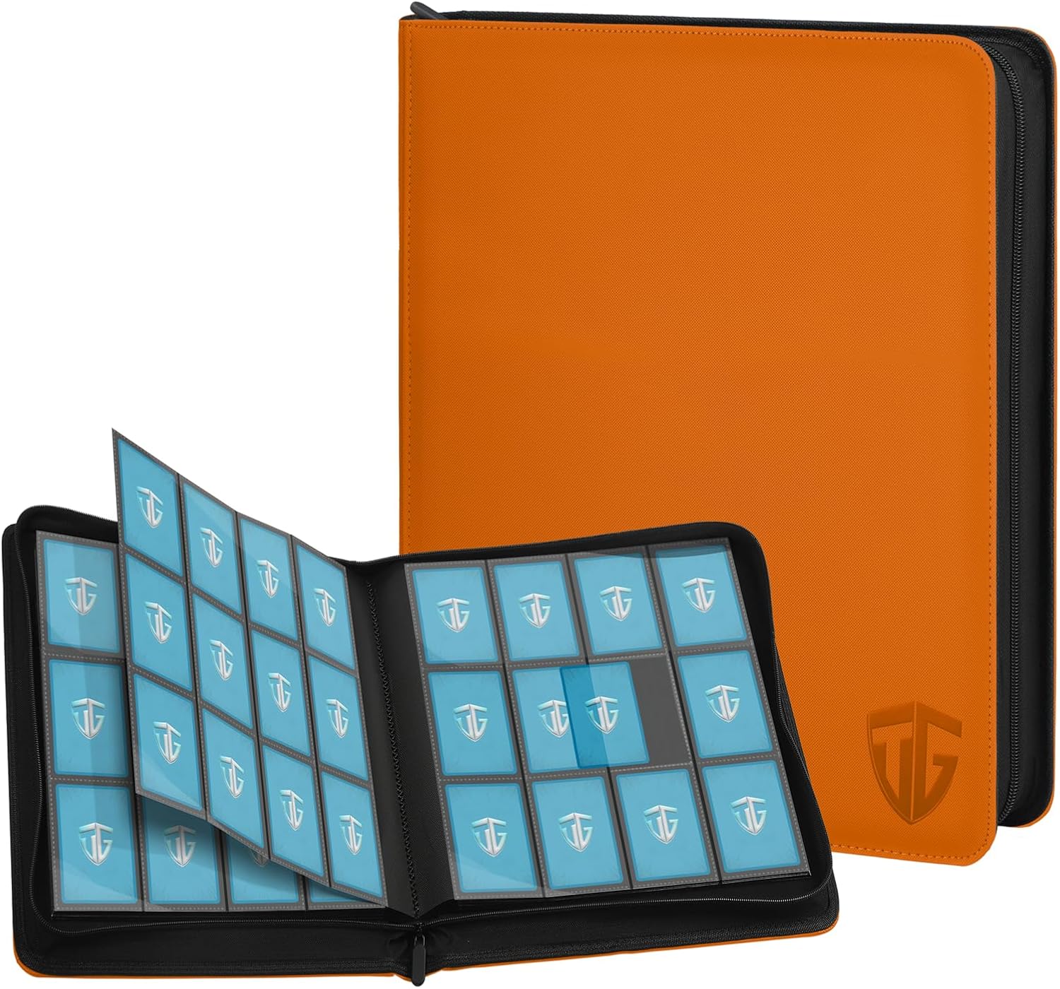 12 Pockets Trading Card Zipper Binder for 720 Cards| Secure Side Loading Pockets | Trading Card Album Folder | Compatible with YuGiOh, MTG (Orange 12)