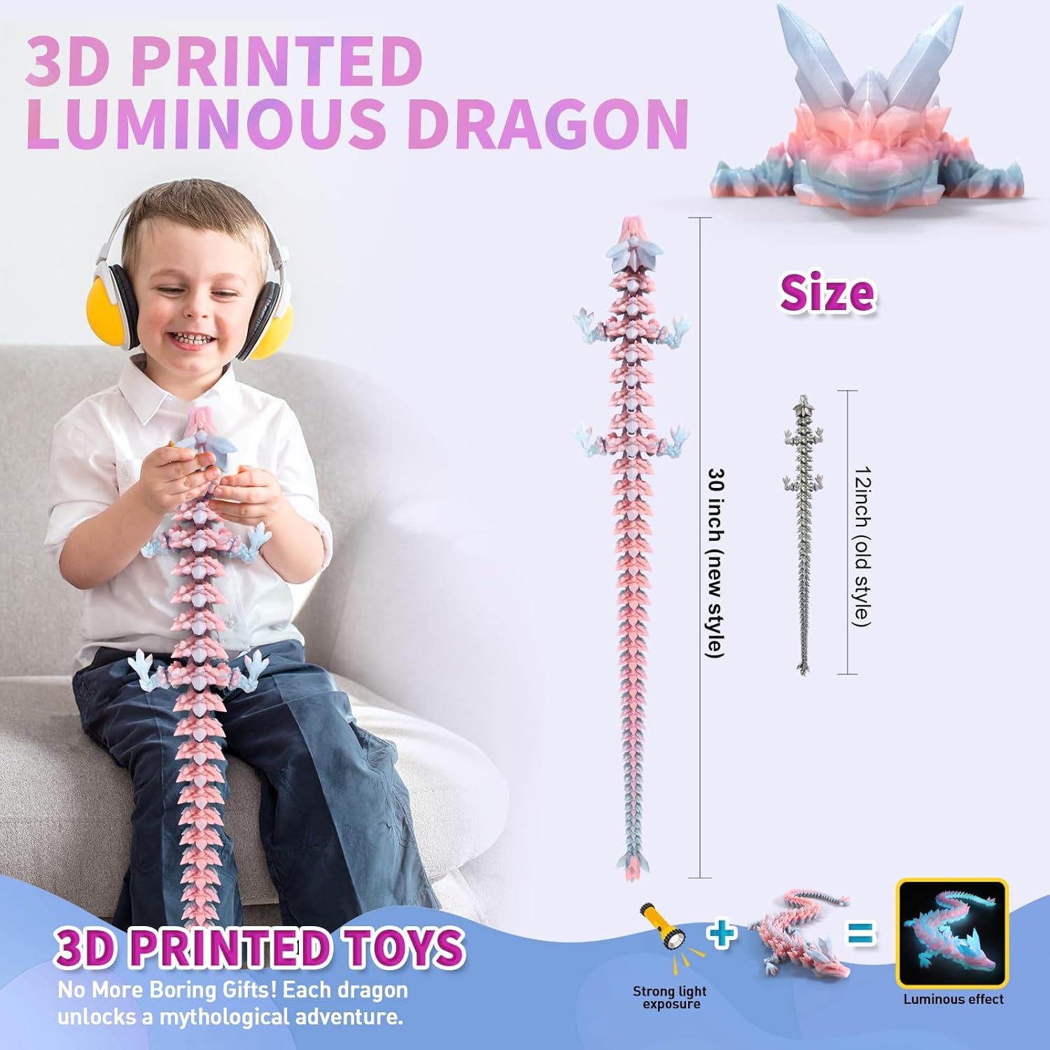 meturebear Large 3D Printed Dragon,30 Inch 3D Dragon Toys,Bigger Fidget Crystal Animals Toys, 3D Printed Articulated Animals for Home Office Car Desk Decor (Colorful Luminous, 30 inch)