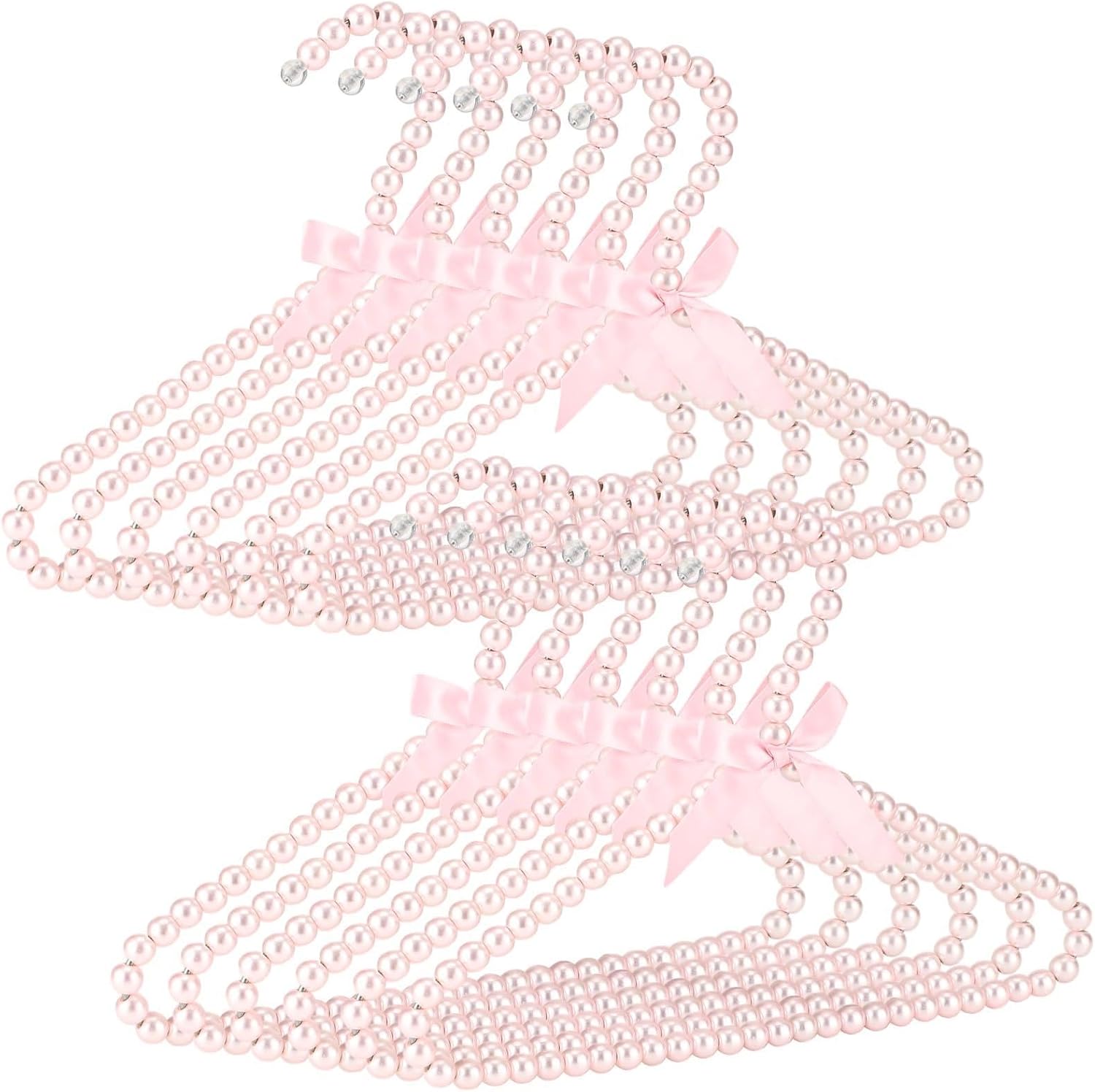 12 Pcs Beaded Clothes Hangers, Pink Pearl Set, 11.8 x 7.9 in, Small Wardrobe Hangers with Bowknot Ribbon, Mini Clothing Hanger for Closet Organizer