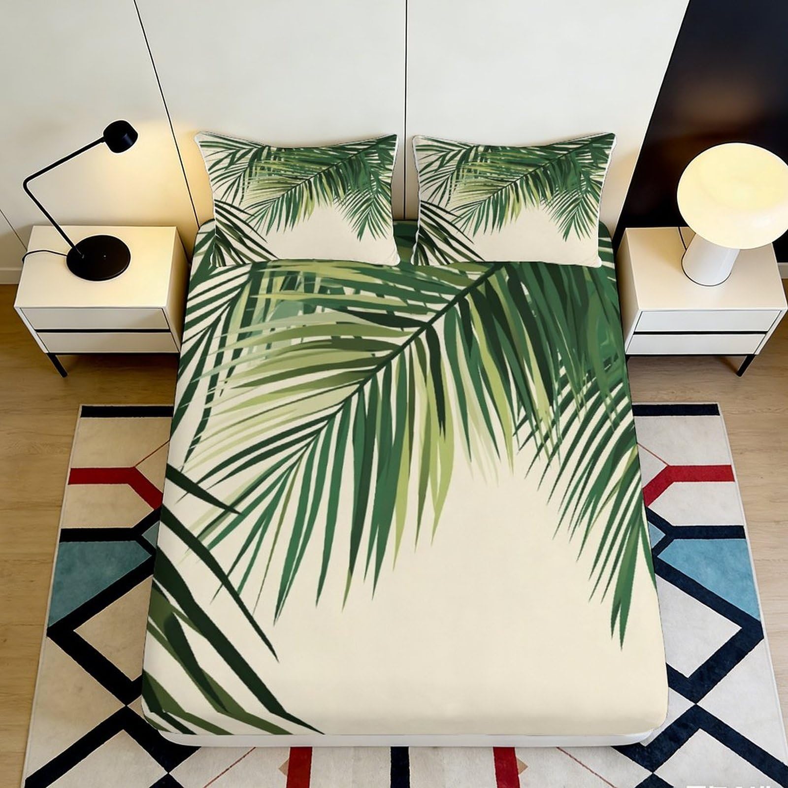 3D Printed Tropical Palm Leaf Fitted Sheet Microfiber Non-slip Mattress Cover for Bedroom Dorm Easy Care Decor 120x200x25cm