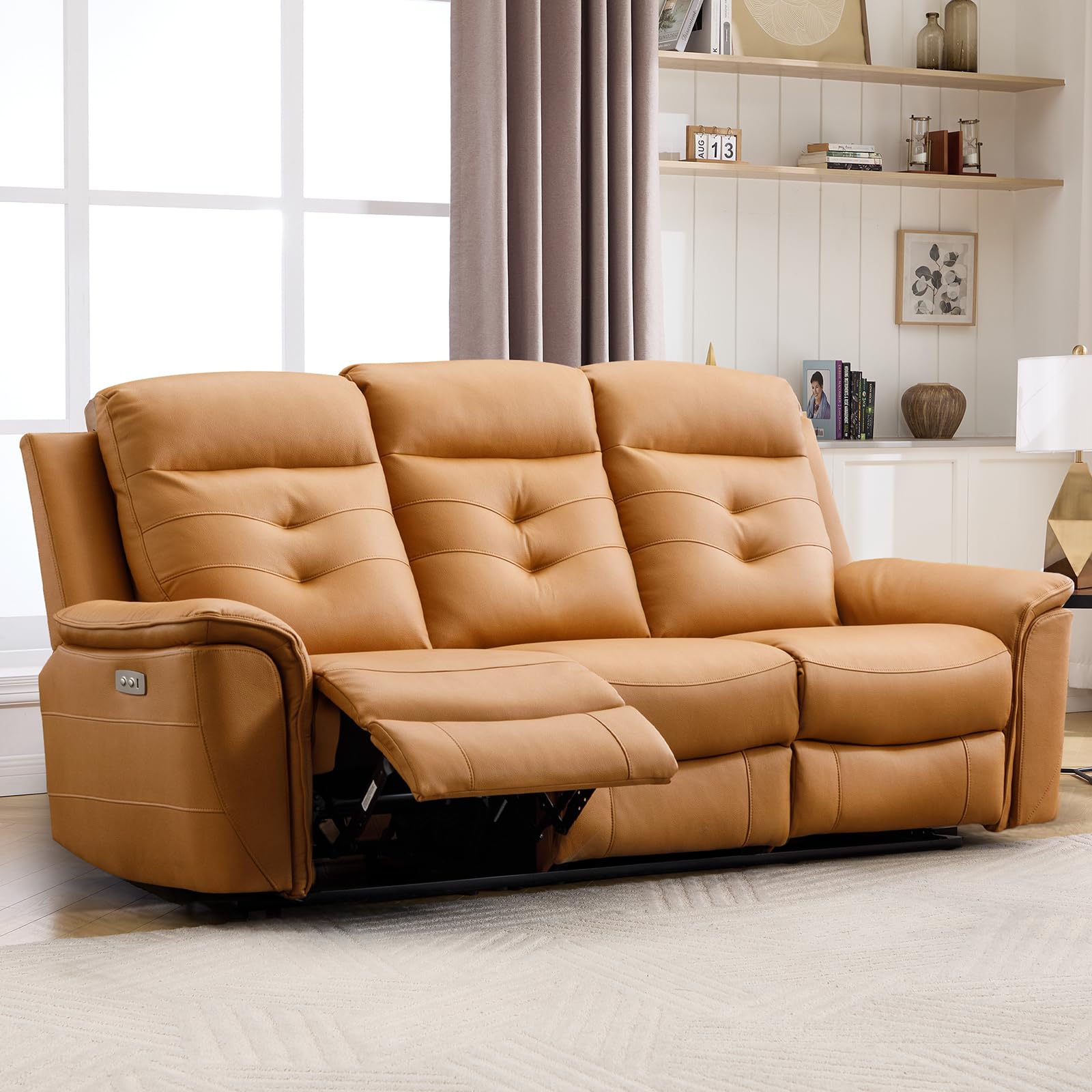 ANJ Power Oversized Reclining Sofa Couch, Breathable Faux Leather 3-Seater Electric Recliner Couches with USB Charging Port for Living Room, Yellow