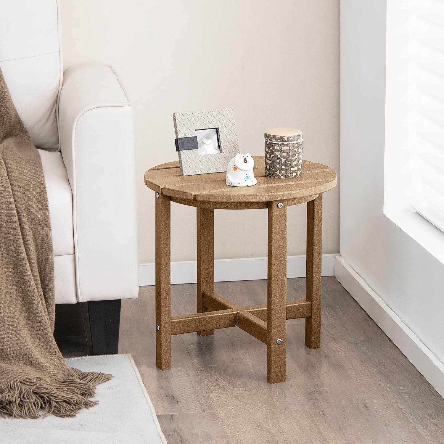 Tangkula Round Outdoor Side Table, 18 Inch Weather Resistant HDPE Adirondack Table, Outdoor Indoor Chairside End Tables, Patio Side Table for Lawn Garden Balcony Backyard, Easy Assembly (2, Brown)