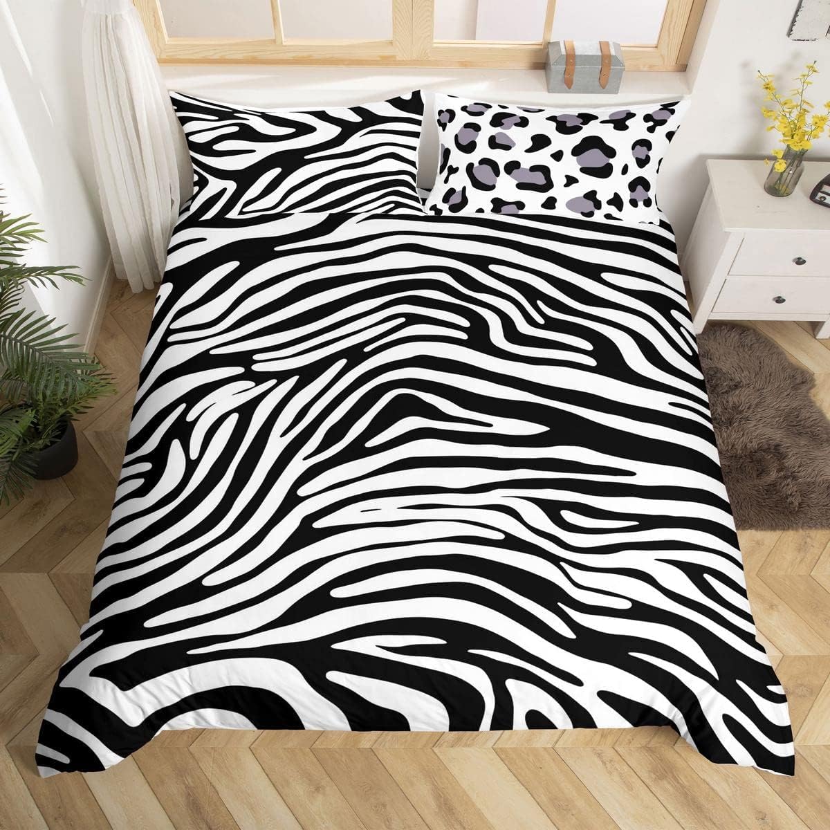 Homemissing King Zebra Stripe Comforter Cover Set Leopard Pattern Bedding Set Children's Decoration 3D Wildlife Skin Texture Duvet Cover Black and White Fur