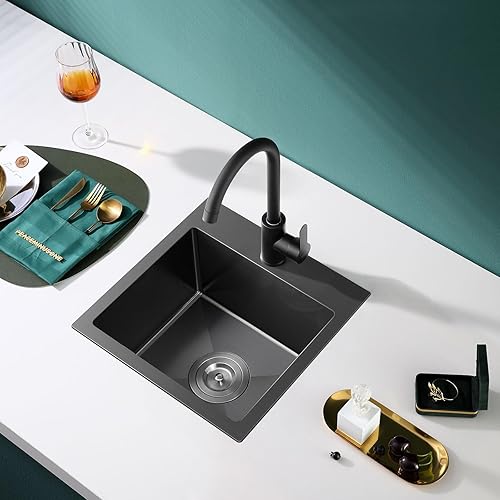 Miniatura 70 de Fregadero de cocina pequeño de acero inoxidable con caída de 20 pulgadas, níquel cepillado, 20 pulgadas de profundidad x 16 pulgadas de ancho x 9