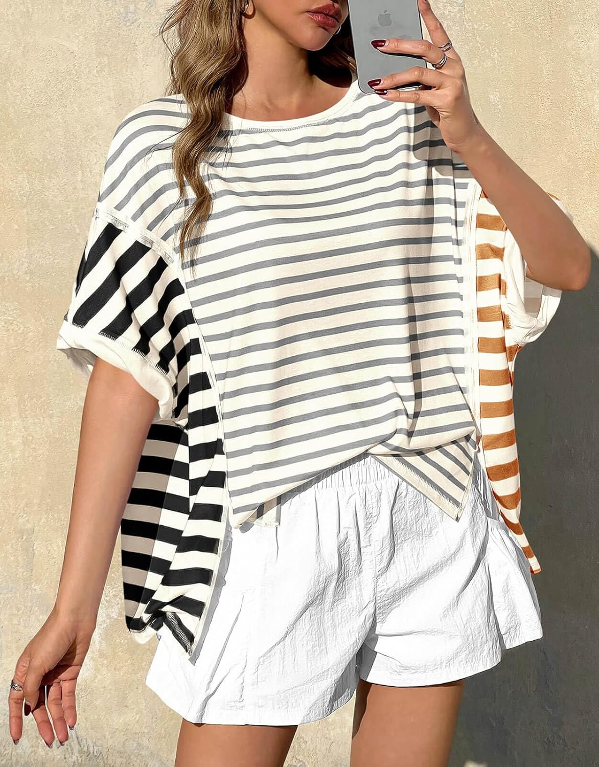Tankaneo Womens Oversized Striped T-Shirts Color Block Short Sleeve Tee Tops Summer Casual High Low Hem Shirts - Image 2