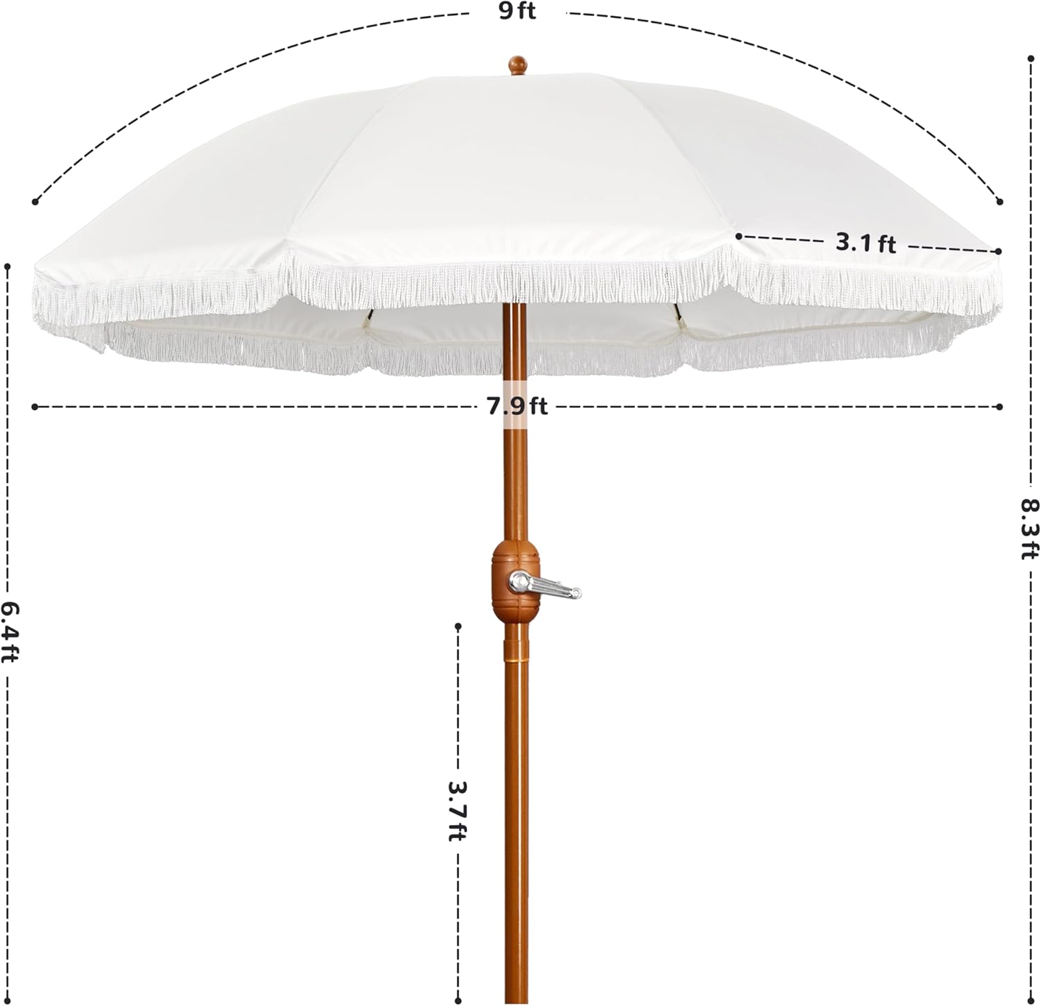 Yaheetech 9ft Patio Umbrella with Tassels, Fringe Portable Beach Umbrella, Umbrella Outdoor Patio with Crank Operating Mechanism, Tilting Aluminum Pole, Fiberglass Ribs For Garden, Pool, Cream