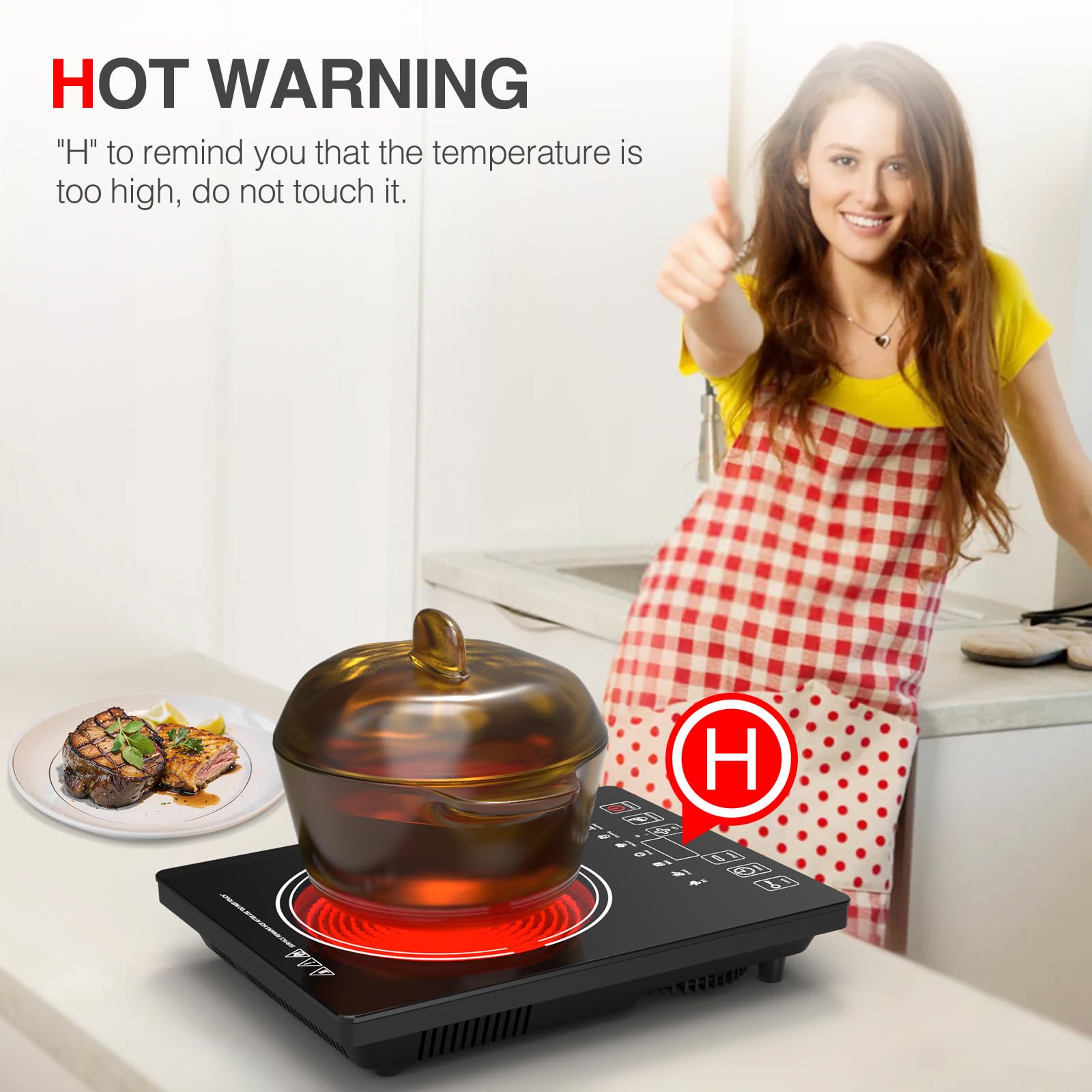 Placa de cocina eléctrica, estufa eléctrica portátil de 1800 W con pantalla táctil LED, 8 niveles de potencia y 8 niveles de temperatura, temporizador, placa caliente de 110 V-120 V para campamento en 3
