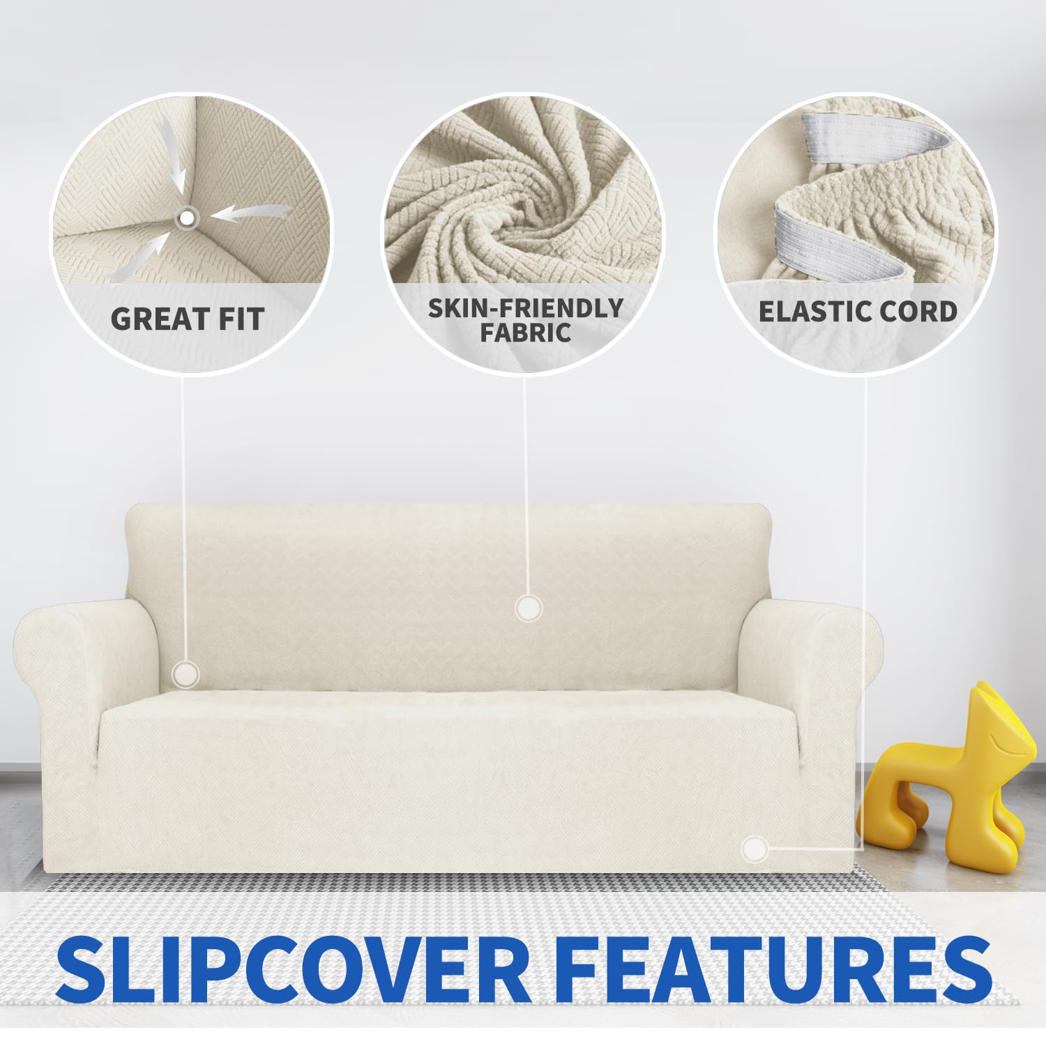 YSTELLAA Stretch Sofa Überzug 3 Sitzer, Sofaschoner rutschfest Mit Armlehne, Universal Jacquard Sofabezug, Dicke Sofabezug Für Hunde Katzen Und Haustiere, Waschbare Sofa Cover, CremeWeiß