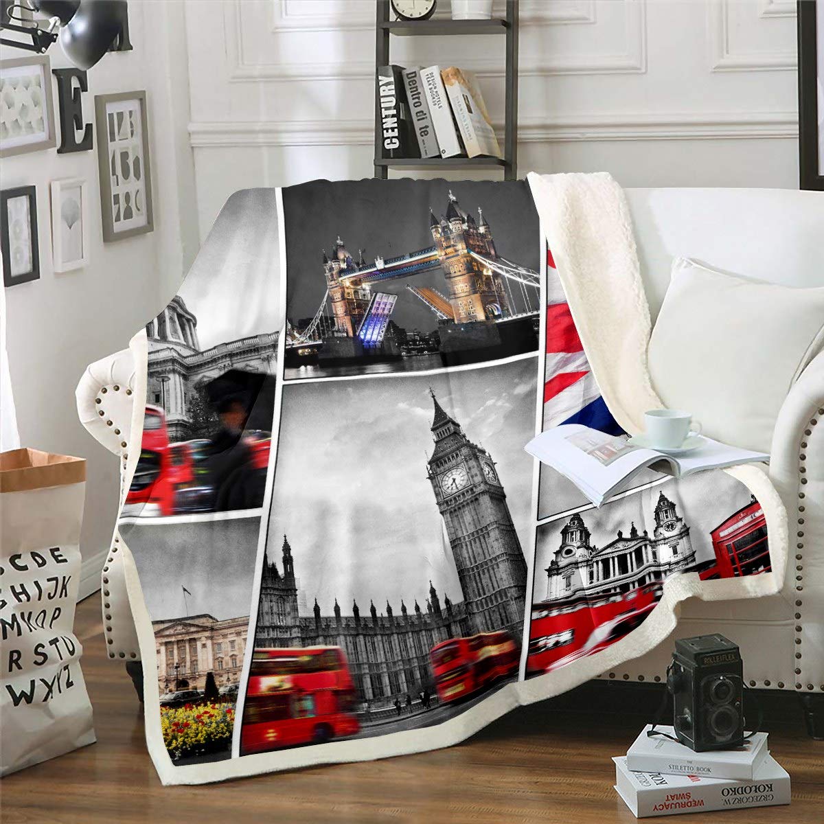 Loussiesd Girls Multicolored 13226 Big Ben Plush Throw Blanket Red Telephone Booth Fleece Blanket For Couch Sofa Gray Uk Theme Sherpa Blanket England Cityscape London Bridge Decor Fuzzy Blanket Single 50"X60"
