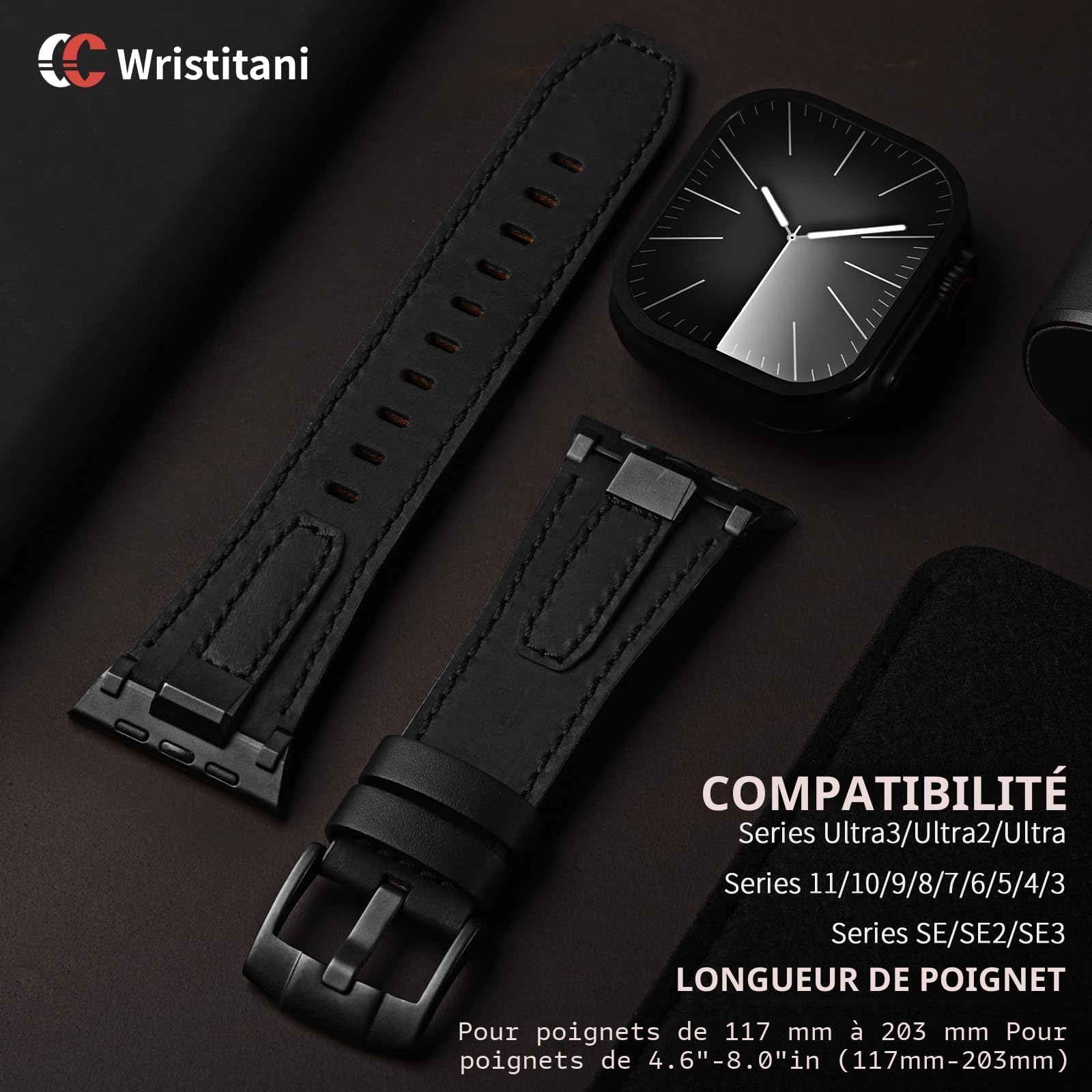 Wristitani Bracelet Cuir Compatible avec Apple Watch 49mm 46mm 45mm 44mm 42mm pour Homme Femme, Bracelet de Remplacement Cuir Véritable Durable pour iWatch Ultra Series 10 9 8 7 SE 6 5 4 3