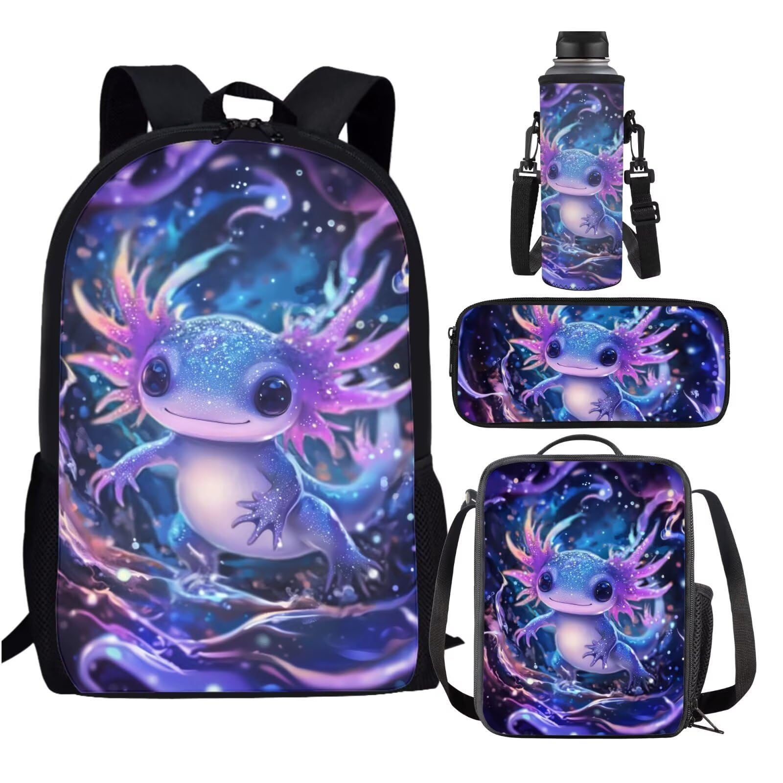 SCRAWLGOD Galaxy Axolotl Backpack with Lunch Box Kids Girls 6-8/8-9 Ocean Elementary School Bookbag 17in Preschool Book Bags 4 in 1 Student Back Pack