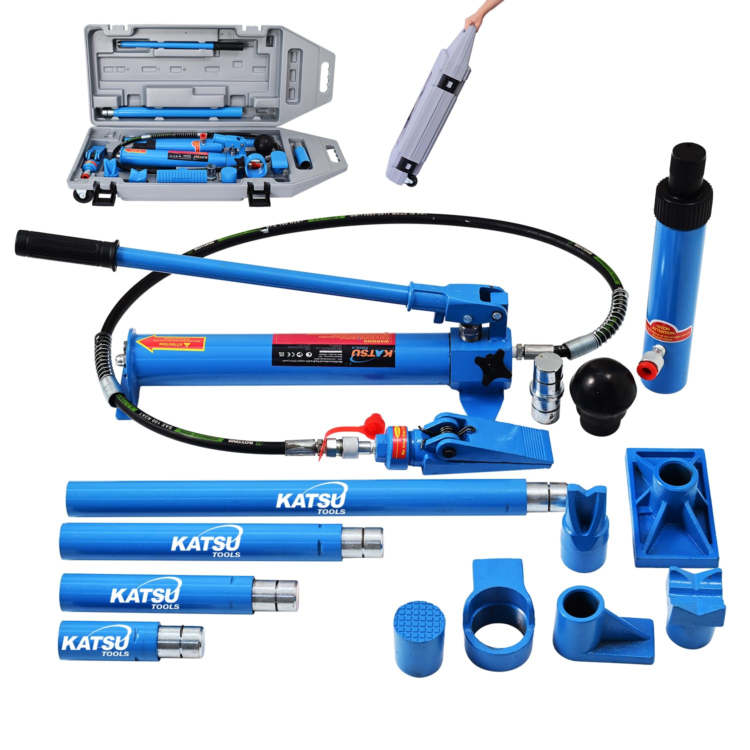 KATSU Tools Hydrauliczny zestaw do naprawy, 10 ton, narzędzie do usuwania wgnieceń i ram, do samochodu i transportera, podnośnik hydrauliczny z wężem olejowym, do warsztatu samochodowego