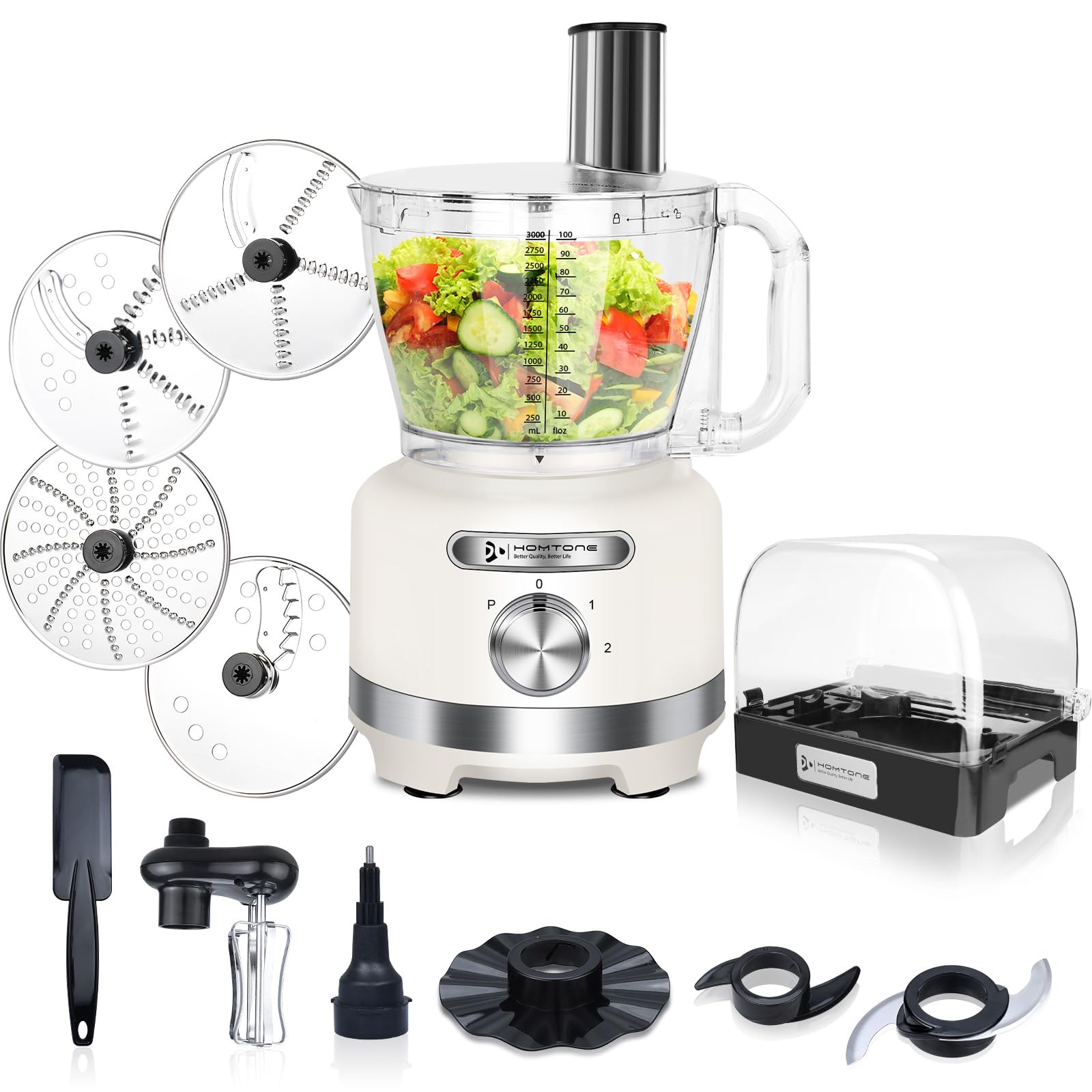 Homtone 16 Cup Food Processor with Storage Box, 10-in-1 with 7