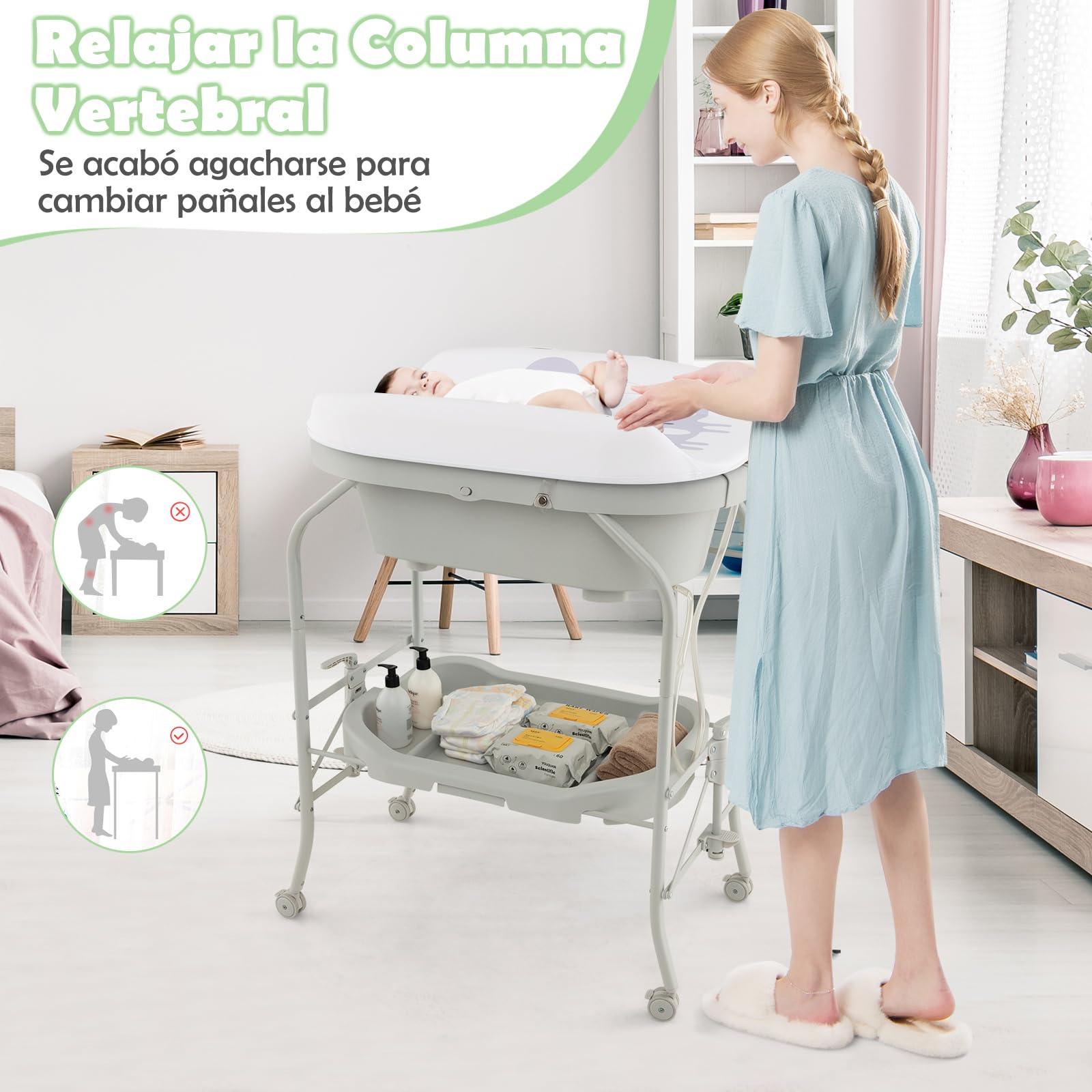 COSTWAY Bañera Bebe con Cambiador 4 en 1, Bañera Cambiador Bebe con Bandeja y 4 Ruedas Bloqueables, Cambiador Bebe Portátil y Plegable con Cesta de Almacenaje, Cojín Impermeable,Carga 35kg(Gris Claro)