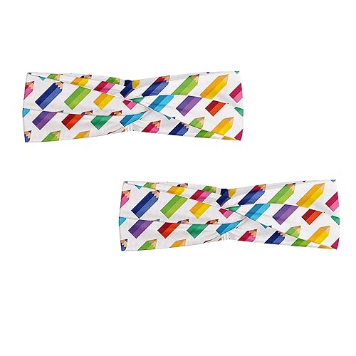 Miniatura 2 de Lunarable Science Headband Set of 2, Illustration of Colorful Pencils in Repeated Pattern on Plain Background, Elastic and Soft Women's Bandana for