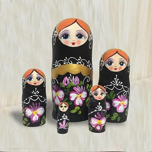 Miniatura 2 de PERZOE 5 muñecas rusas anidadas hechas a mano Matryoshka para niños juguete apilable regalos de cumpleaños color negro