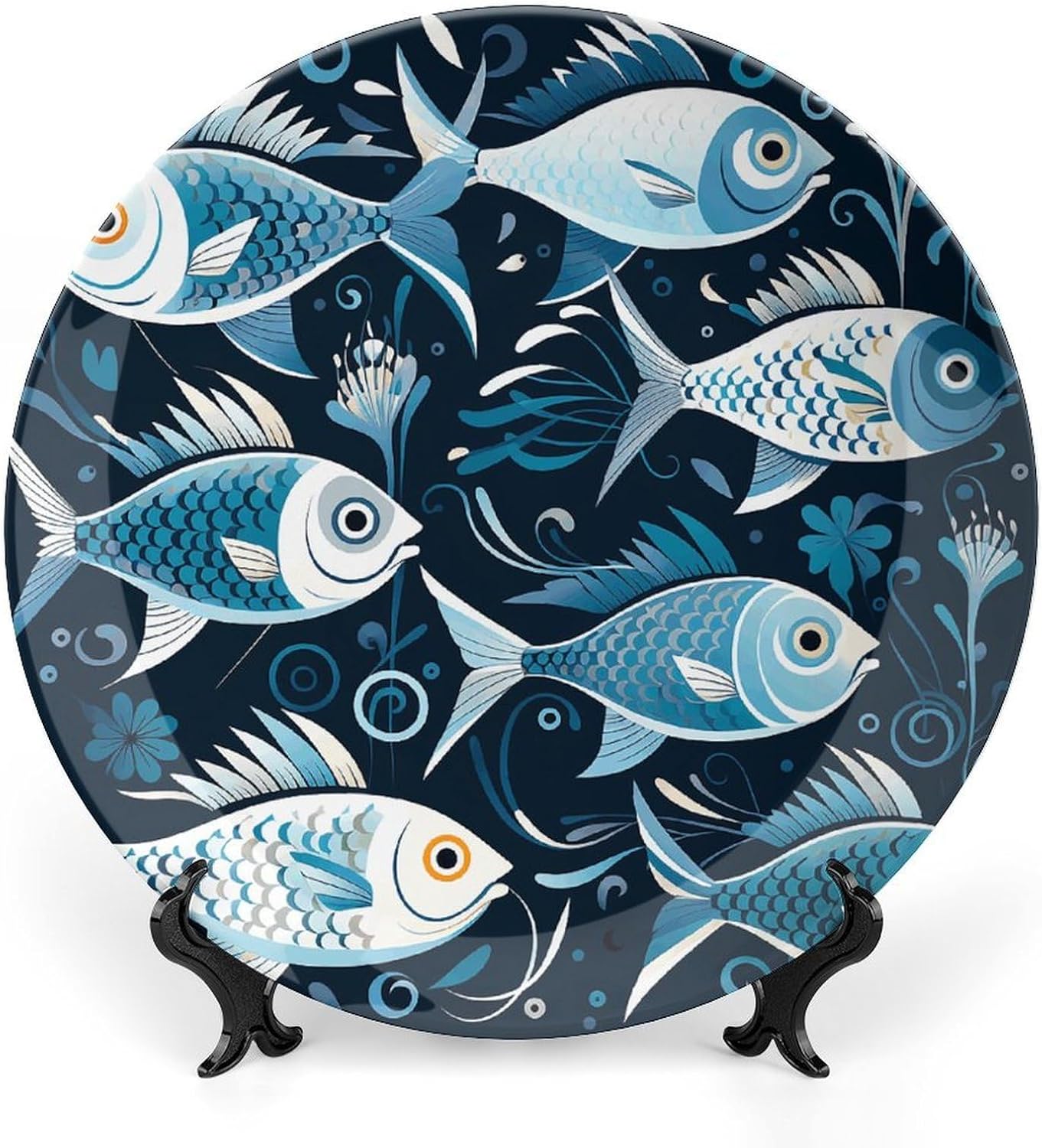 Bone China Decorative Plates Cartoon Fish Print Ceramic Decorative Plate Wall Decor with Display Stand Ceramic Ornaments for Wall Hanging Decoration