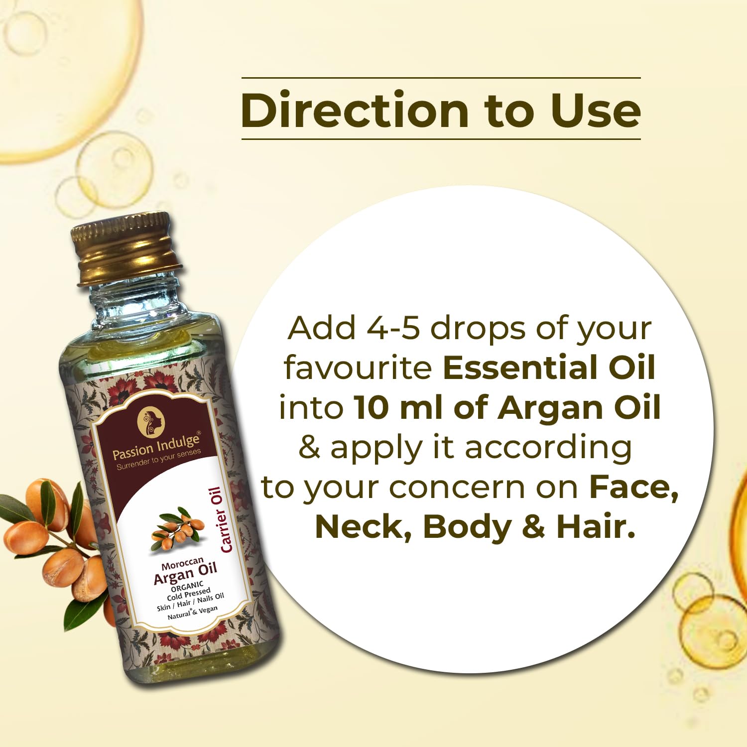 Passion Indulge Moroccan Argan Carrier Oil (60ml) | 100% Natural Oil for Hair Growth, Scalp Disorders & Dandruff Control