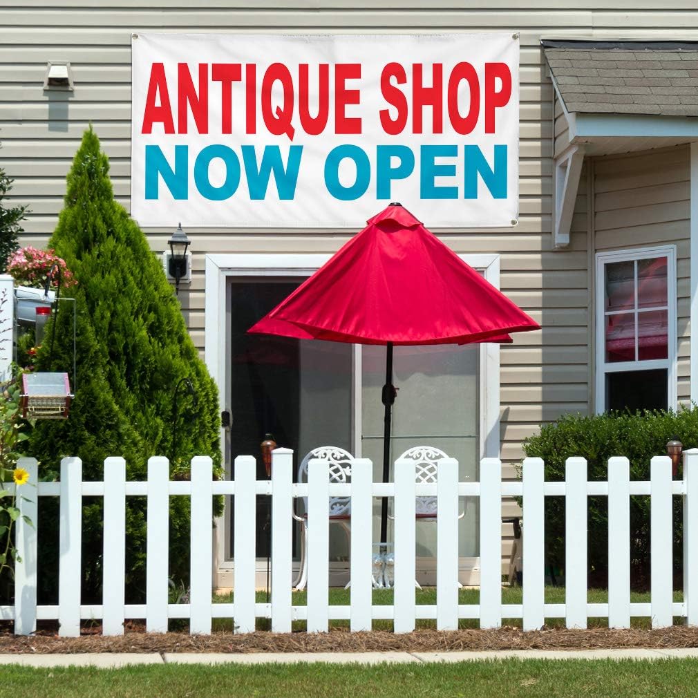 Vinyl Banner Multiple Sizes Antique Shop Now Open Red Blue Business Outdoor Weatherproof Industrial Yard Signs 4 Grommets 16x40Inches