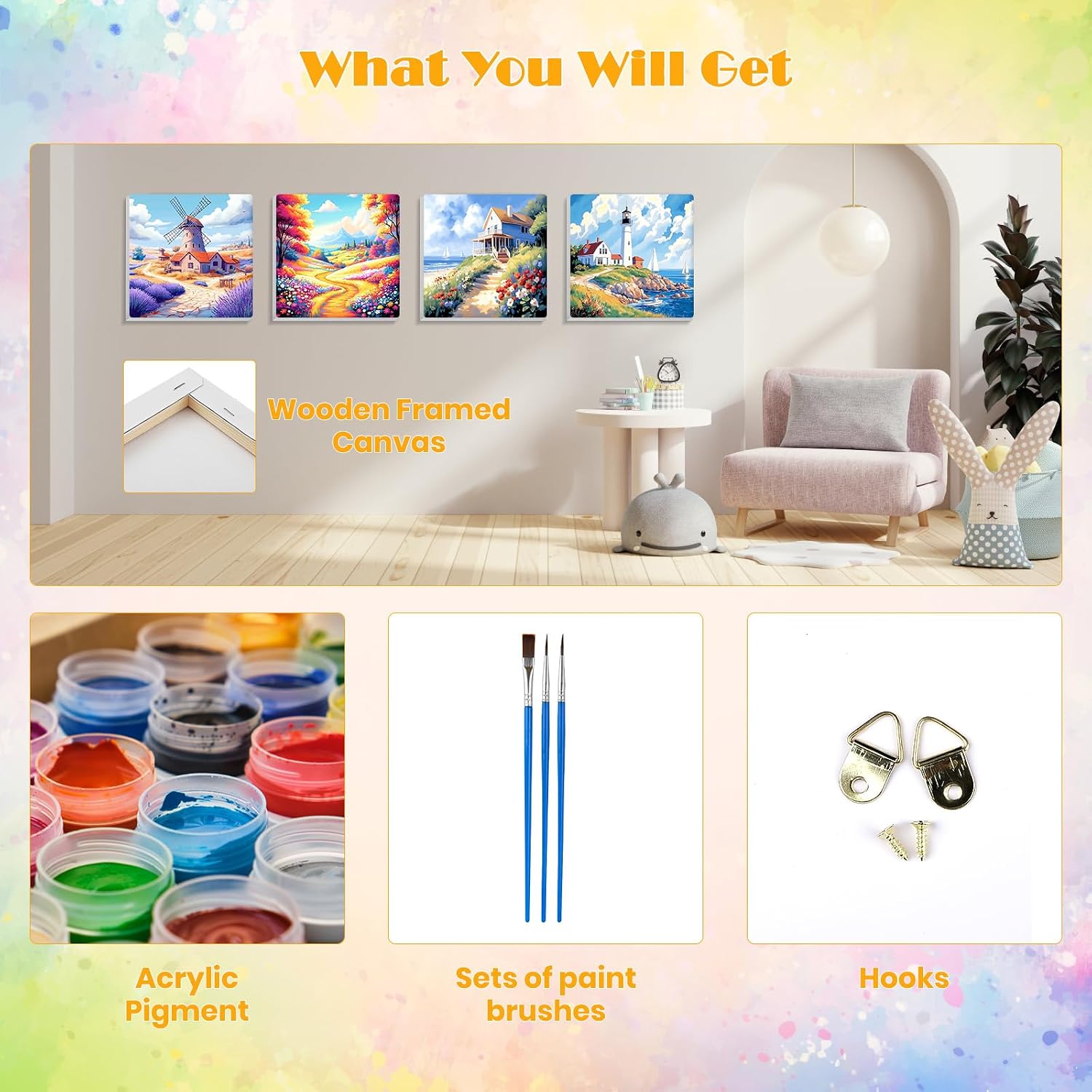MISCER 4 Pack Landscape Paint by Numbers for Adults Beginner, Flower Paint by Number Kits for Kids, DIY Acrylic Oil Painting Suitable for Home Decoration (8x8inch)