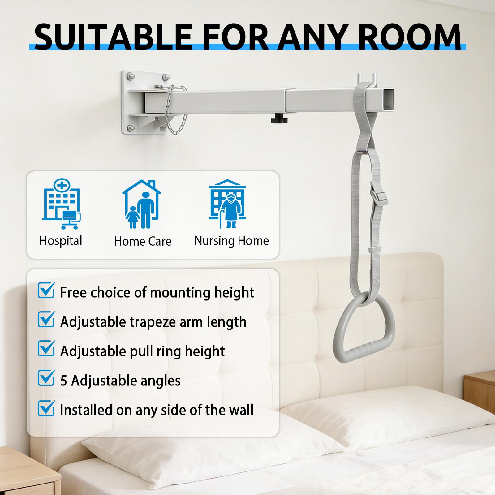 Elevador de cama con mango trapezoidal, para personas mayores, montados en la pared para discapacitados, ancianos y pacientes postrados en cama, elevador de cama de hasta 80 kg