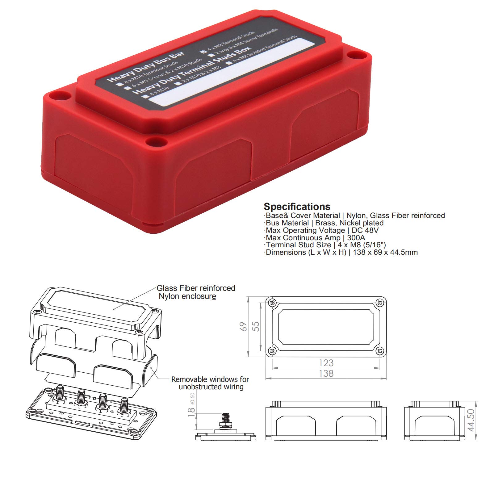 Sammelschiene Stromverteilerblock 12V-48V 300A Bus Bar mit 4x M8 Batterie Klemmleiste Bolzen, Heavy Duty Sammelschienen Positiv Busbar 300 Amp 12 Volt 24V DC, rot