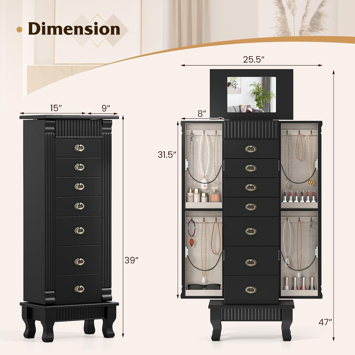 GIANTEX Standing Jewelry Cabinet with 7 Drawers, Flip-Top Mirror, Black