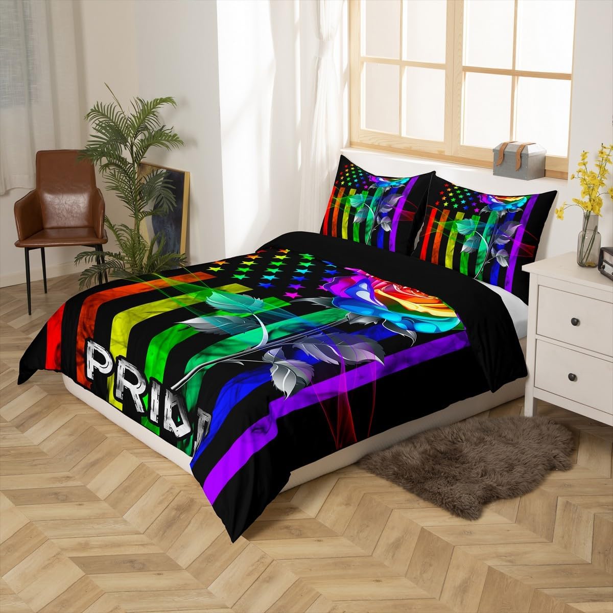 Gay Pride Duvet Cover Queen,LGBT Pride Accessories,Rainbow Flags Bedding Set for Boys Girls Women Men,Glowing Watercolor Rose Comforter Cover for LGBT Bedroom Decor,American Flag Bedspread Cover 3pcs