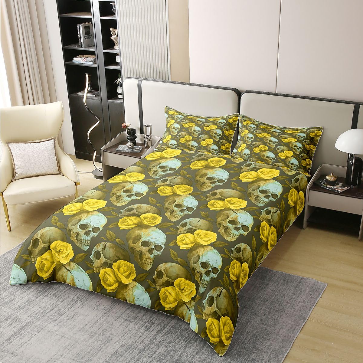 Homewish Halloween Schädel Baumwoll Bettwäsche 155x220 | Gelbe Rosenblume Deckenbezug für Teenies Erwachsene Gotisches Skelett Bettbezug Zucker Schädel Bettset 2 Teilig