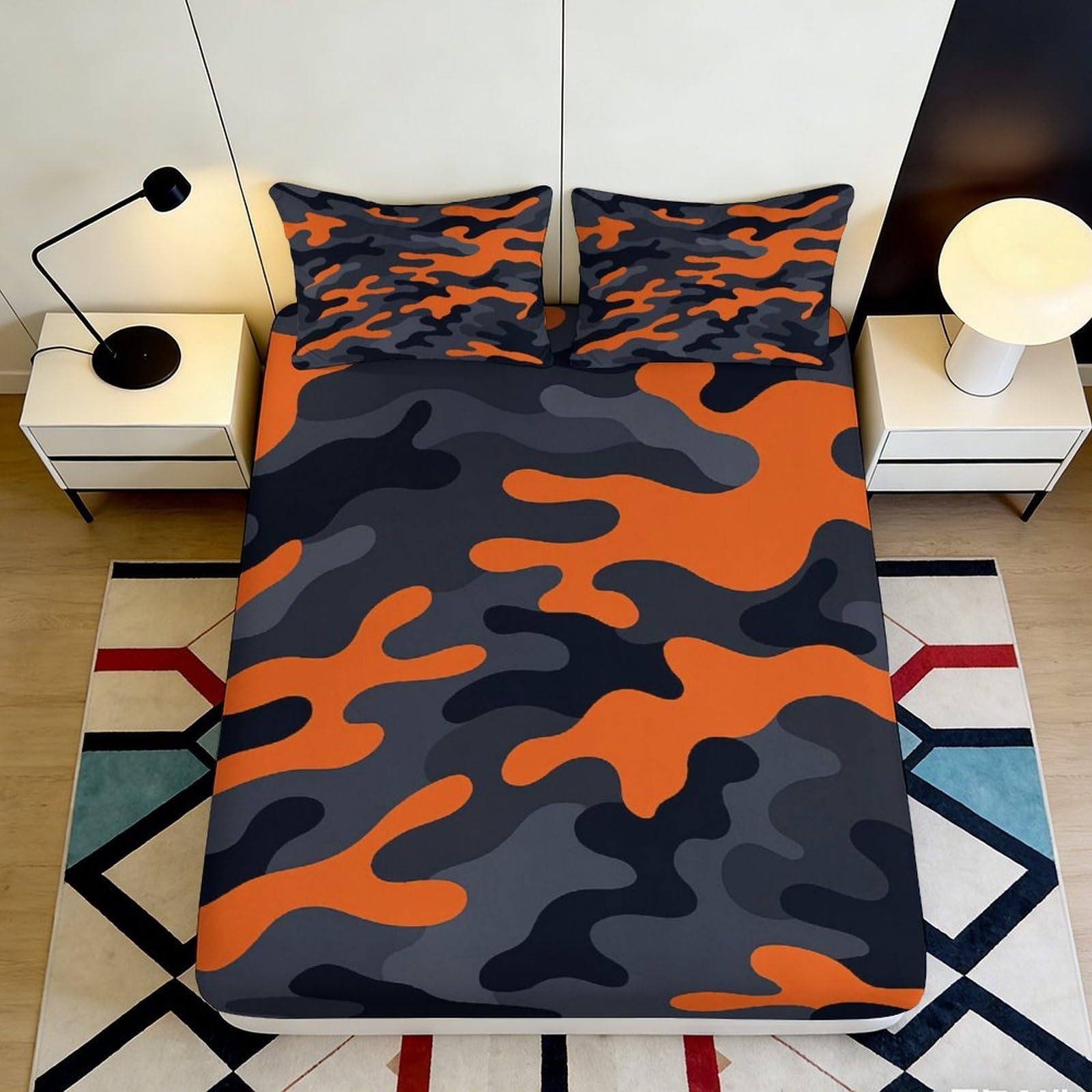 Qjzxknhpgr Style-1 3D Printed Orange Camouflage Fitted Sheet Microfiber Soft Bedroom Decor Grey Mattress Cover For Home Dorm 90X200x25cm