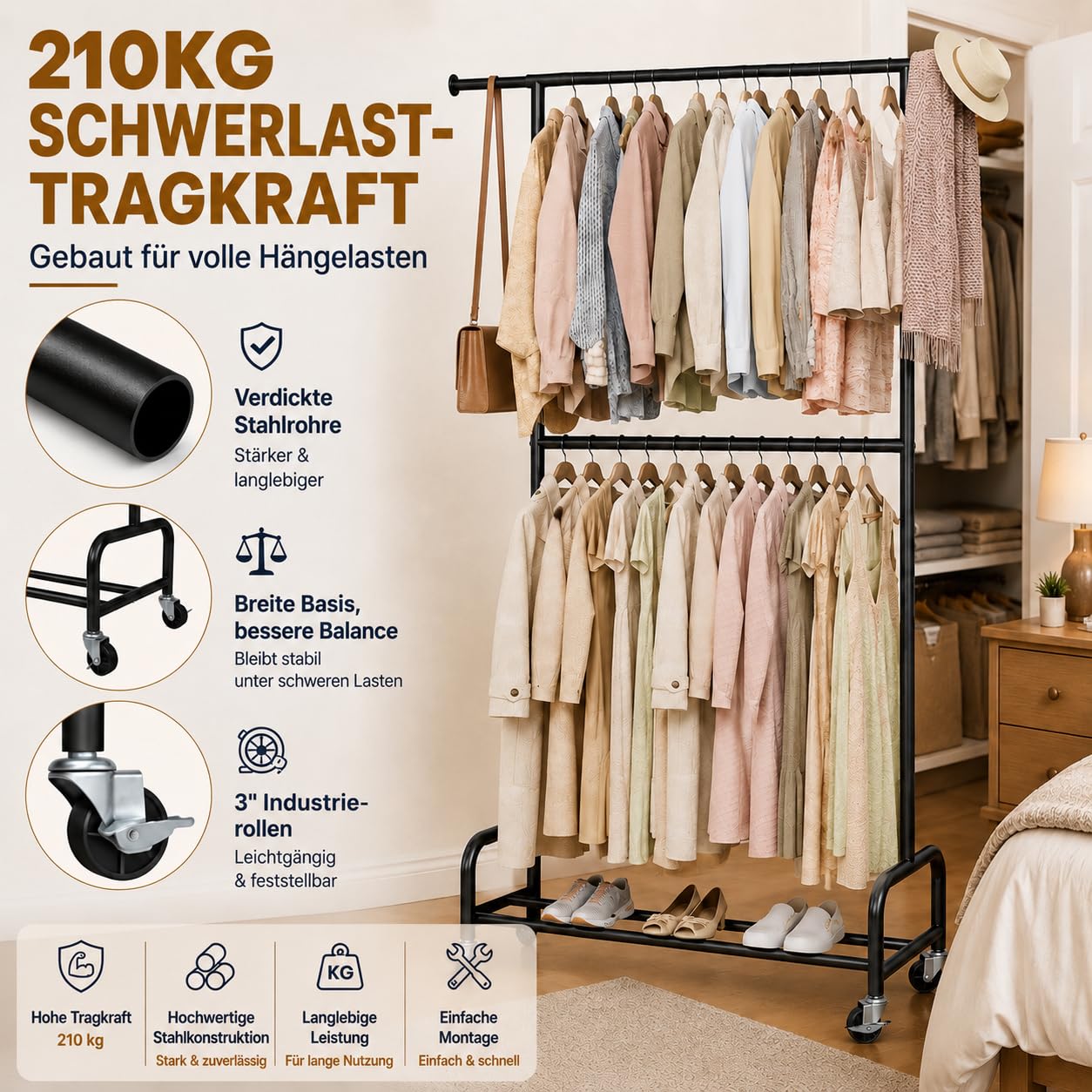 Yorbay Robuste Schwerlast Kleiderständer auf Rollen: Tragkraft 210 kg | Multifunktioneller Metall Kleiderstange mit Regal - Platzsparende Garderobenständer für Schlafzimmer Wäscheraum