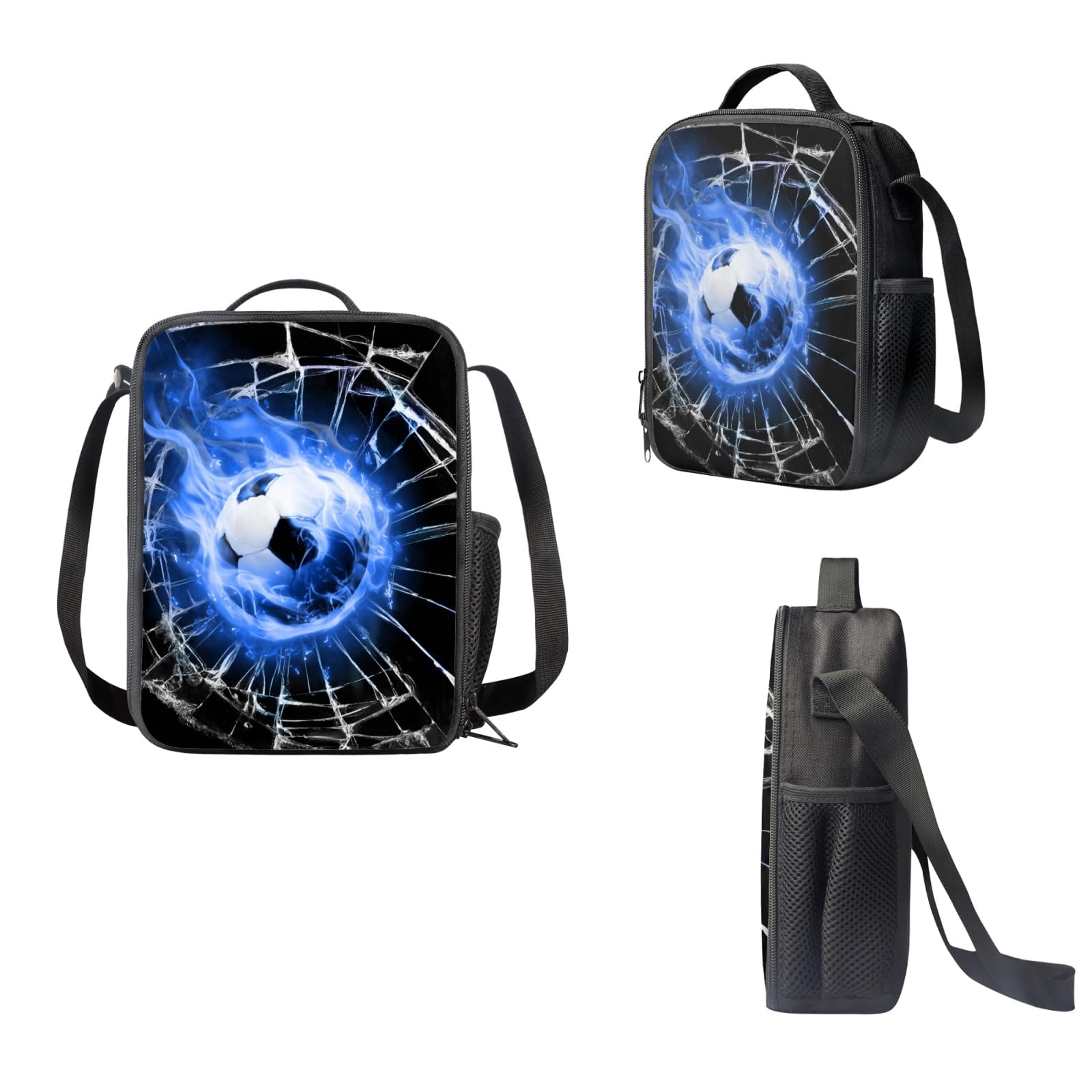 Zaino 3 in 1 per ragazzi con motivo calcio 3D Fire Soccer con borsa termica per il pranzo e custodia portapenne, set grande e leggero, zaino casual per bambini