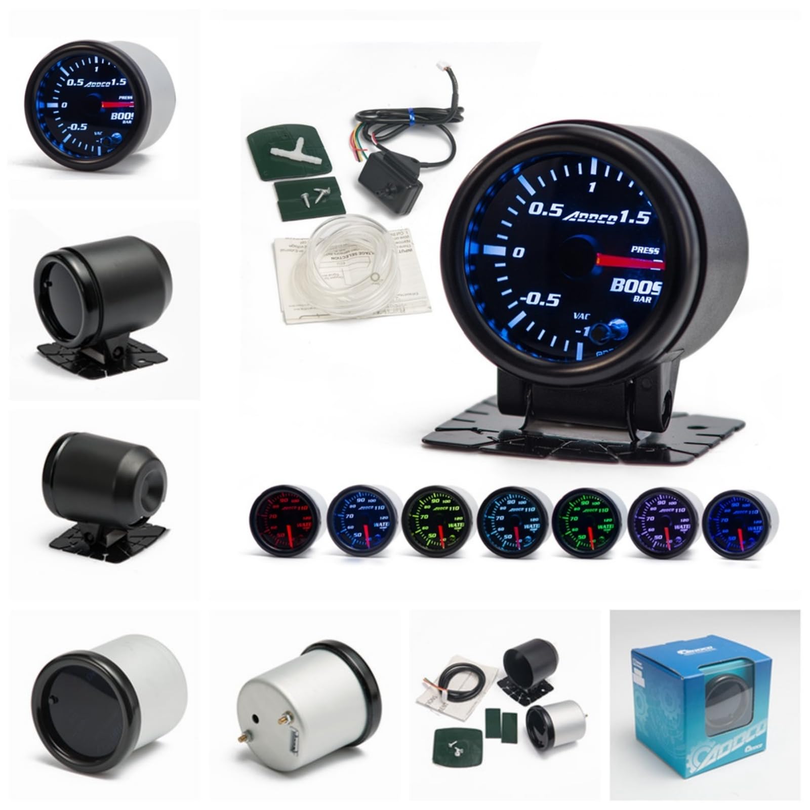 52 mm (2") 7-kolorowy miernik LED Turbo Boost z czujnikiem i uchwytem - od (-1 do 1,5 BAR) - uniwersalne dopasowanie do samochodów