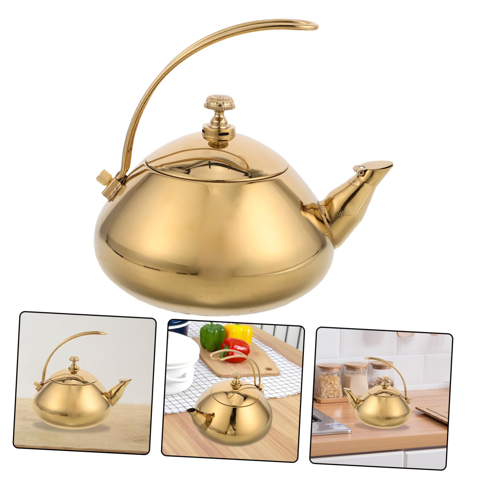 Tetera de Acero Inoxidable de 1, 5 L con Asa, Compatible Inducción | Filtro Incluido, Color Dorado, Uso en Hogar y Oficina, Diseño Elegante y Sencillo