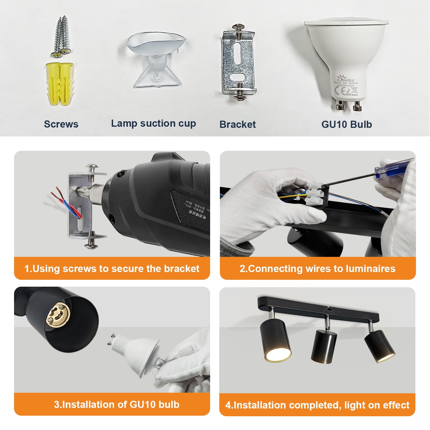 Sweier Faretti da Soffitto GU10, 5W Plafoniera LED Faretti 3 Luce, 430LM Bianco Caldo 3000K Faretto da Parete Nero, Lampada Faretti Soffitto Orientabili per Negozio,Bar,Vetrina,Cucina