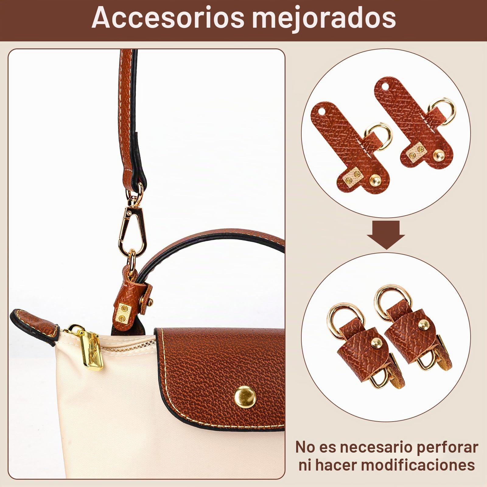Correa para Longchamp Mini, Correa Bolso Bandolera Mujer - Marrón, Ajustable Cuero Bandolera para Mini Mochila, No Perforación con 2 Adaptadores para Correas de Hombro, Longitudes 120 cm