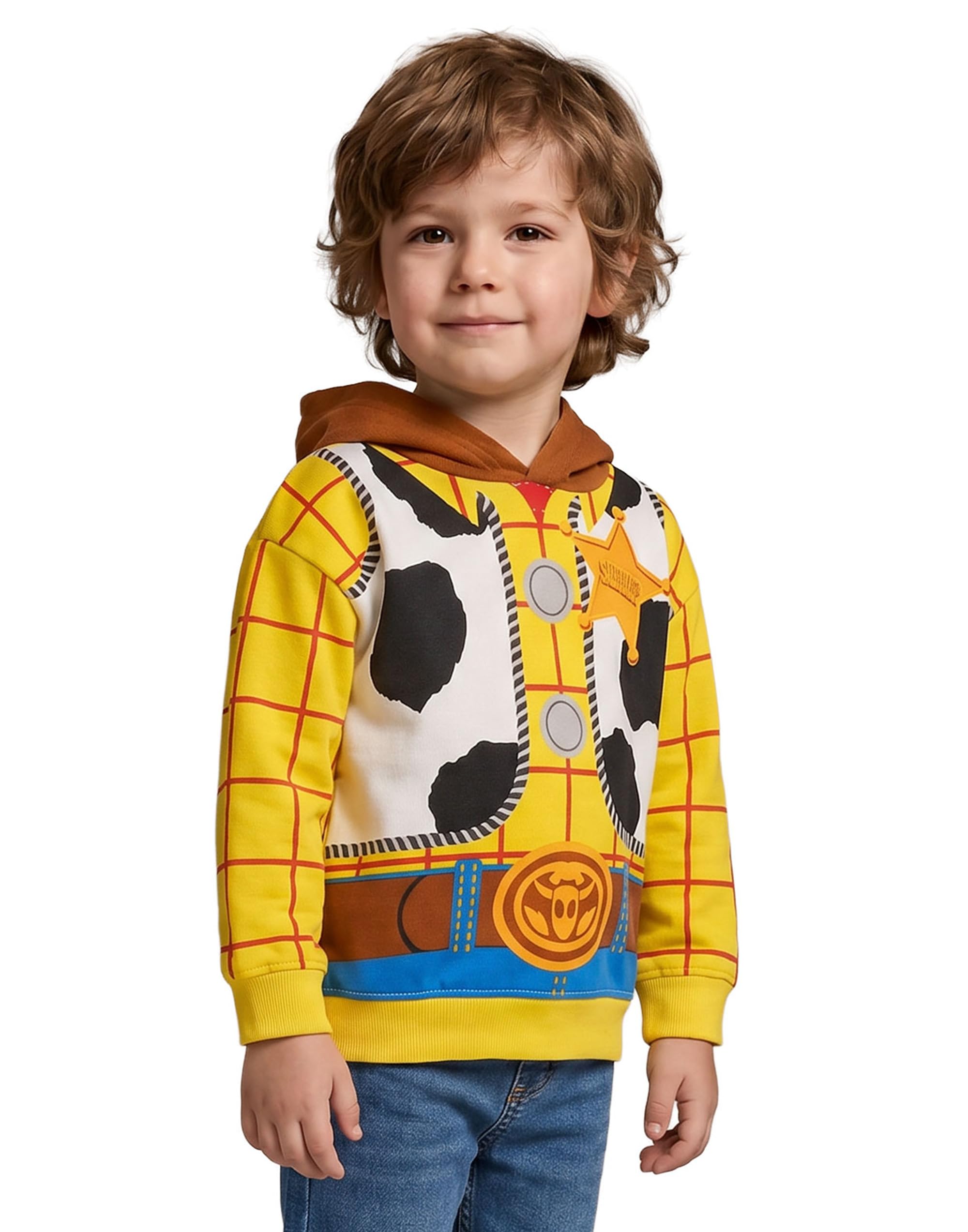 Disney Toy Story Woody Boys Yellow Hoodie | Long Sleeve Pullover with Graphic Print | Cow Print Patches & Checkered Sleeves | Belt Design Casual Jumper Merch - 5-6 Years