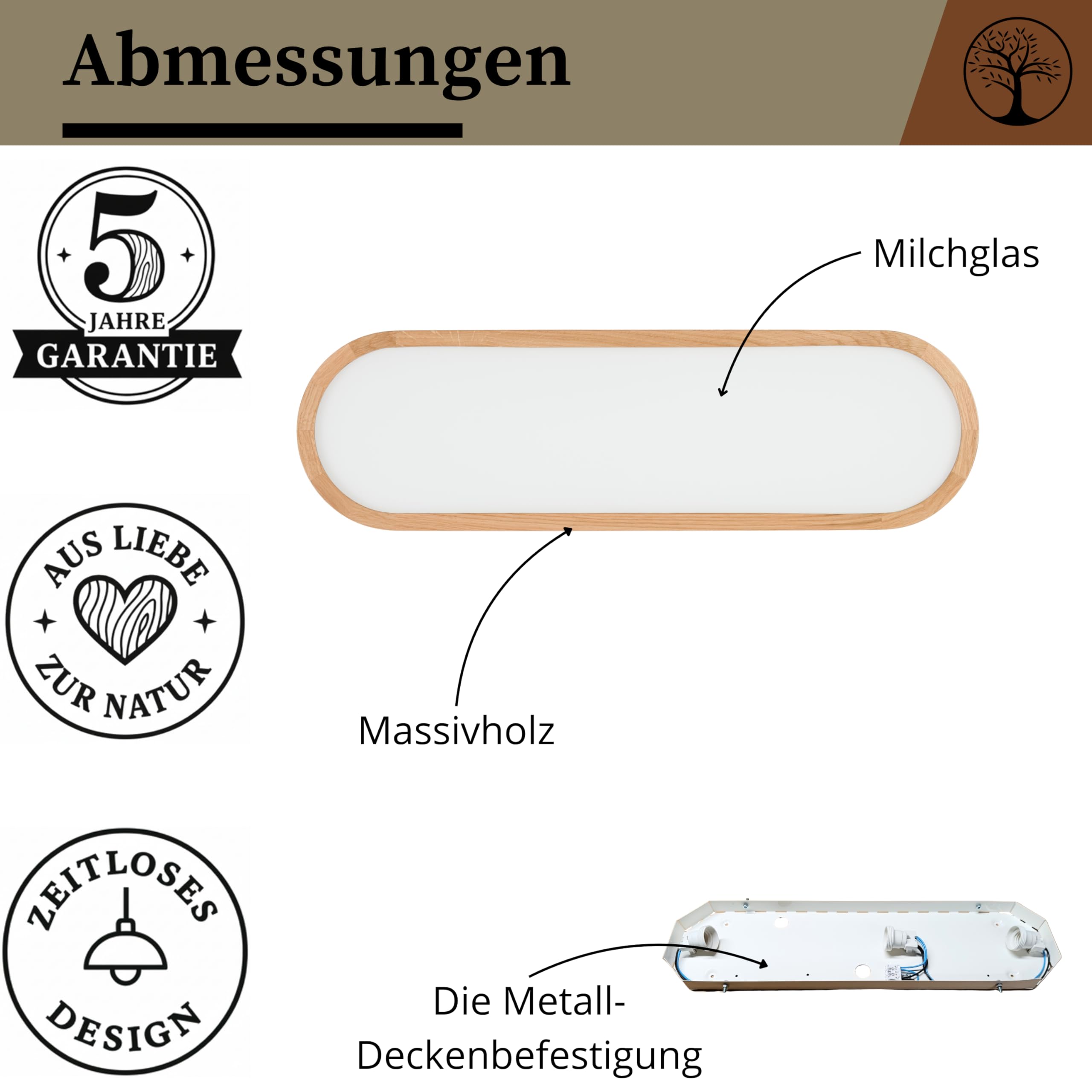 Deckenlampe - Oval Holz Deckenleuchte Eiche 3xE27 (68x20 cm) - Modern Beige Lampe für Schlafzimmer, Wohnzimmer, Flur, Küche - Stilvolle Eichenholz LEJA