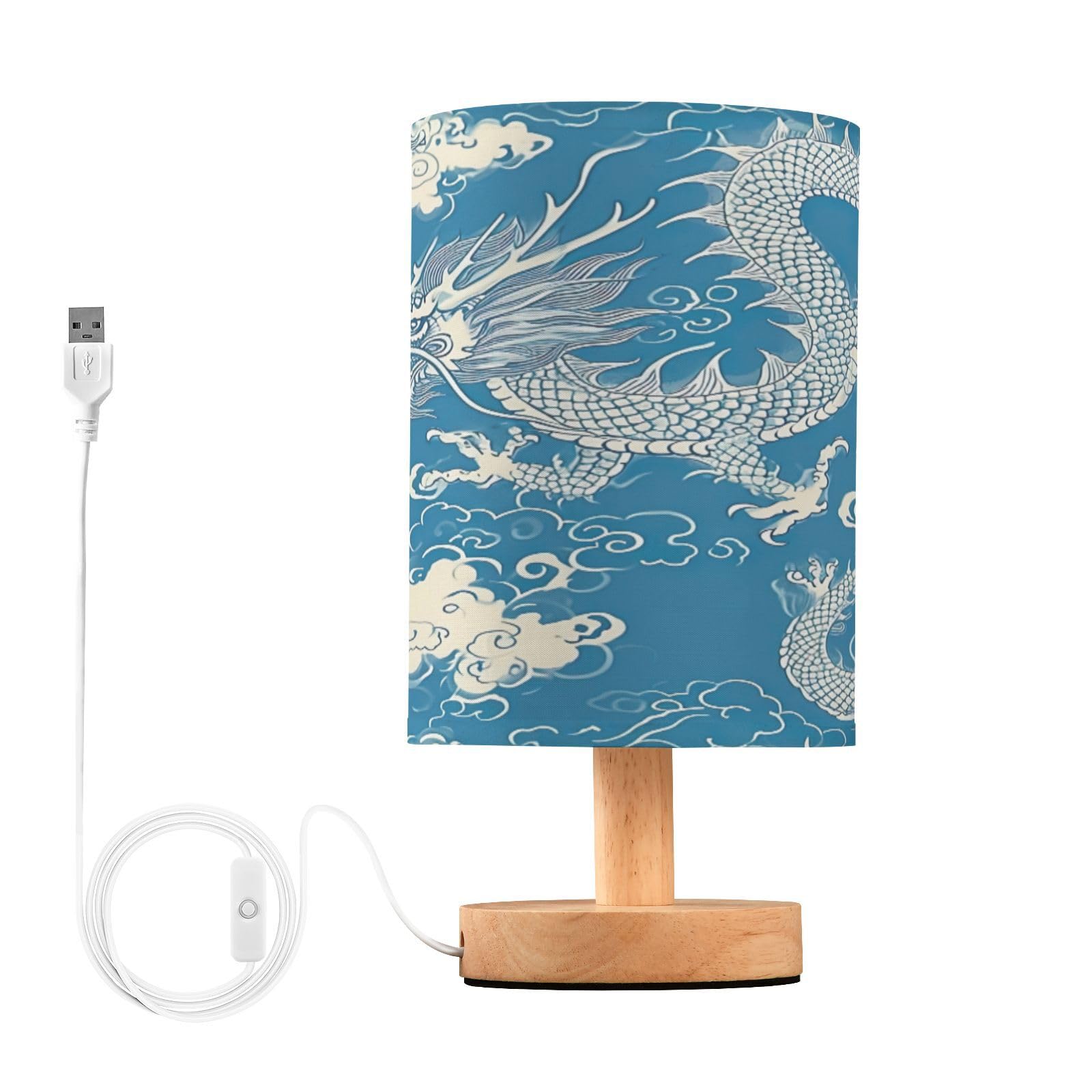 SDMKA Chinese Dragon Blue Bedside Table Lamp for Bedroom, Minimalist Nightstand Lamp with Round Fabric Shade for Living Room, Office, No Bulb Required