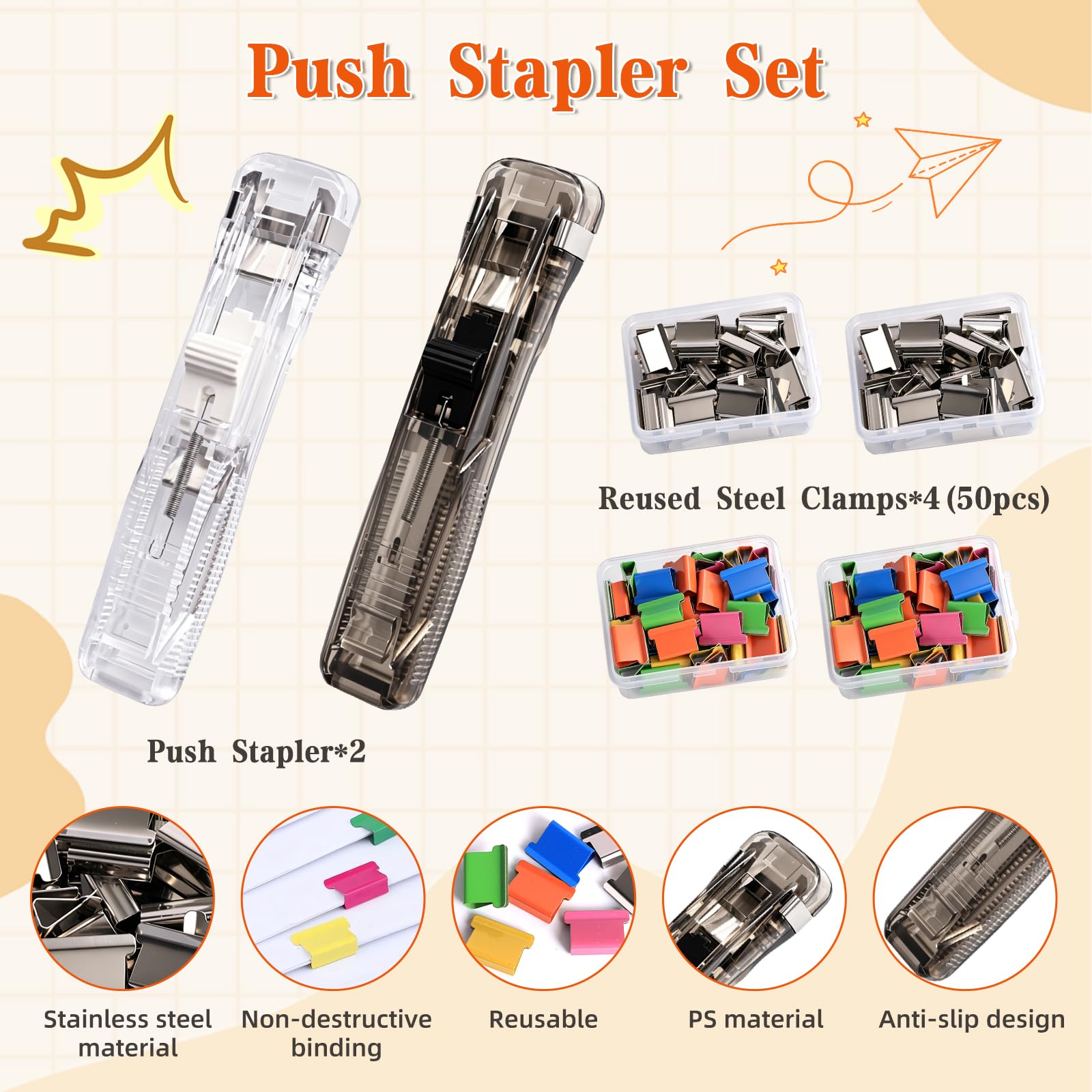 Klammerspender Set mit 2 Stück Pusher & 200 Clips, Reusable Creative Stapler, Neue 2026 Edition Mini Push Hefter für Dokumente, Wiederverwendbare Heftklammern für Schule, Büro & Home