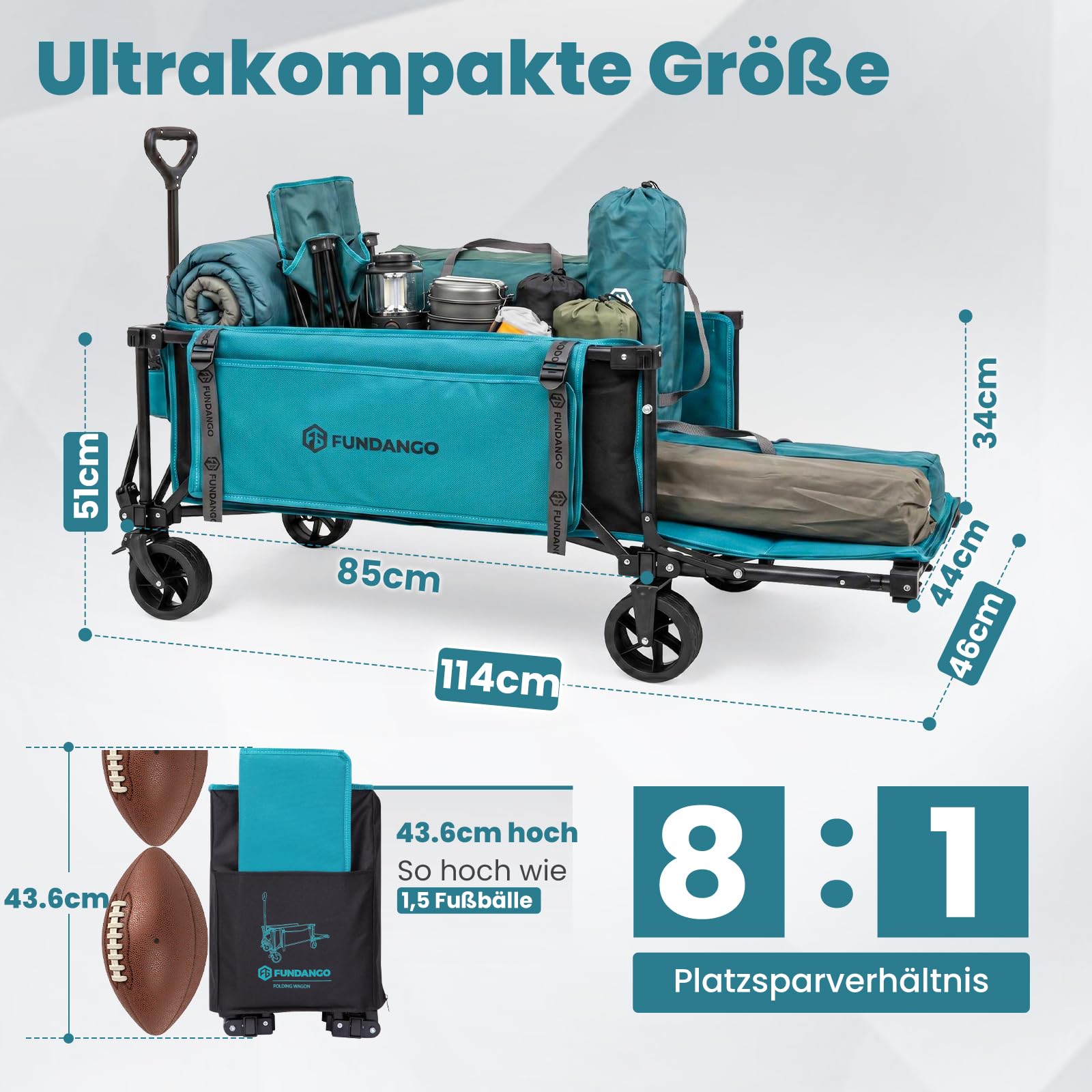FUNDANGO XXL Bollerwagen Faltbar 180KG 200L mit Heckklappe, 114CM Extra Lang, Kompakt Zusammenklappbar (1/8 Größe), All-Terrain Räder für Camping, Strand & Einkauf